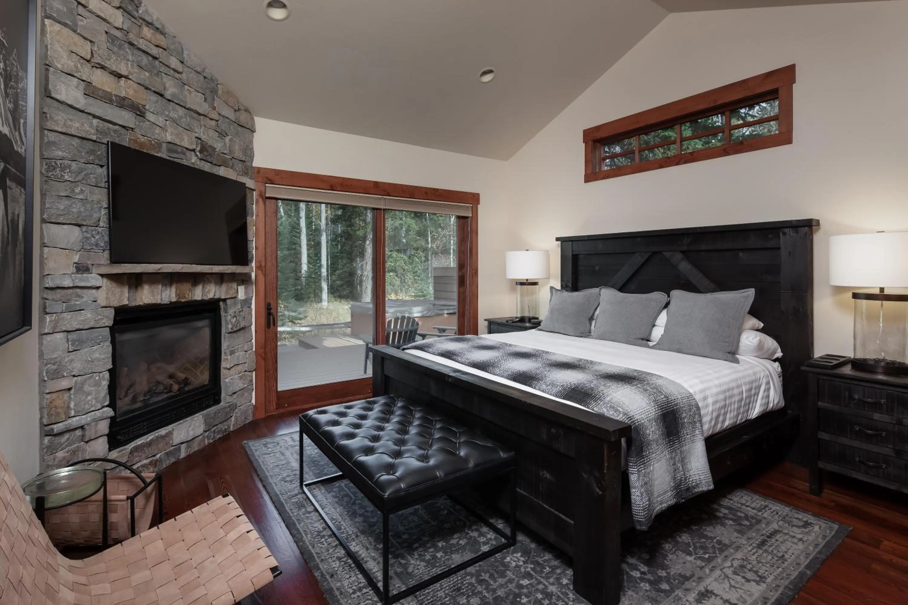 Patio, Bed in Lodge at Whitefish Lake
