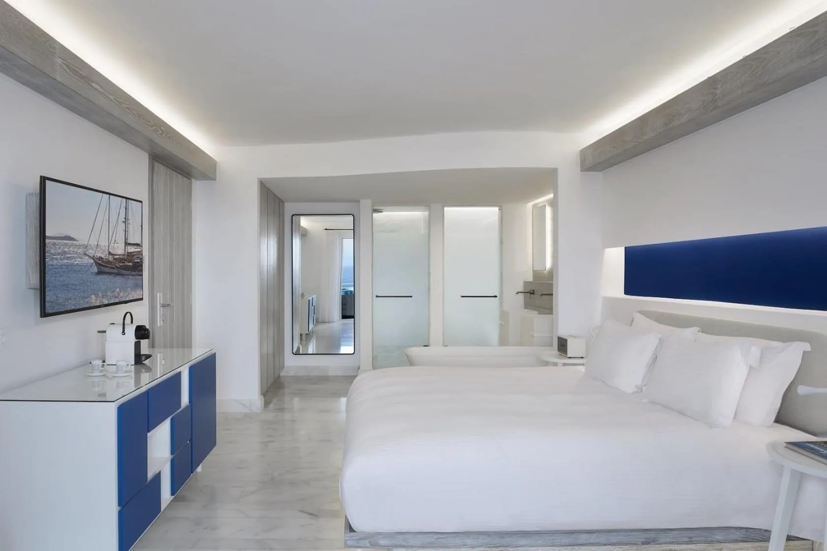 Bed in Mykonos Riviera Hotel & Spa, a member of Small Luxury Hotels of the World
