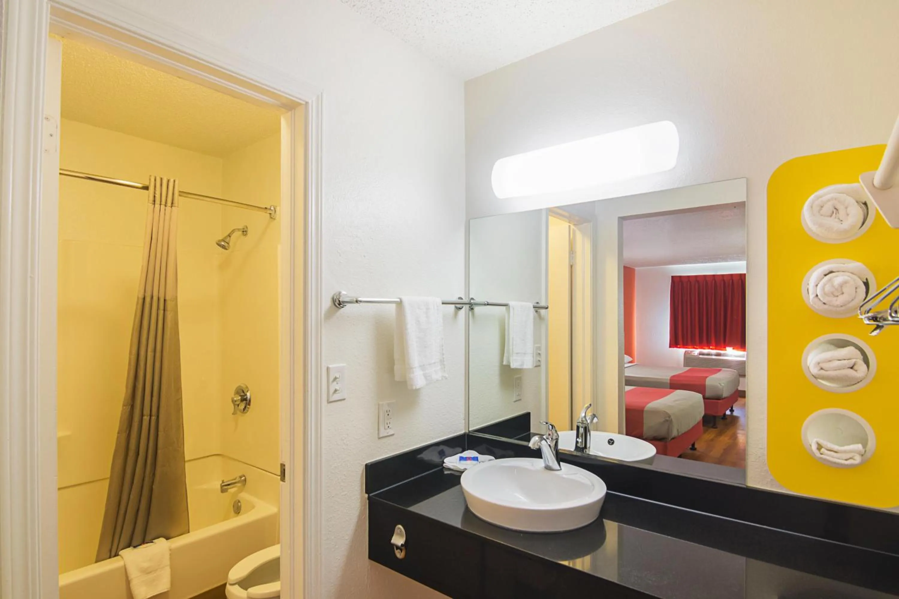 Bathroom, Bed in Motel 6-Dayton, OH