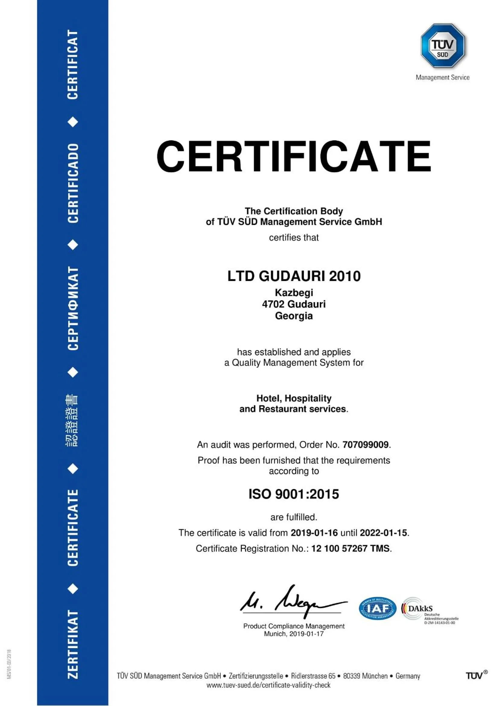 Certificate/Award in Hotel Carpe Diem Gudauri