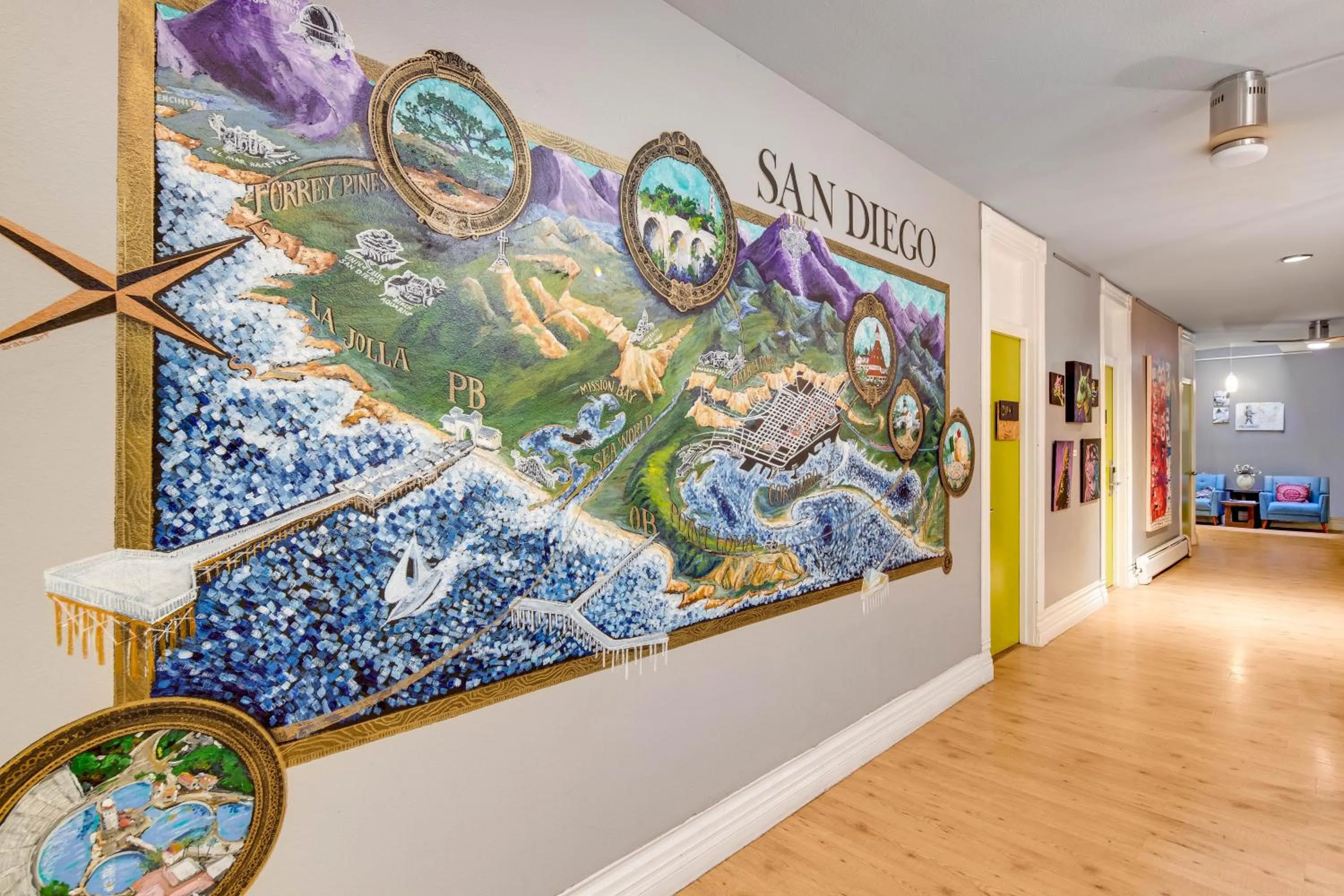 Seating area in HI San Diego Downtown Hostel