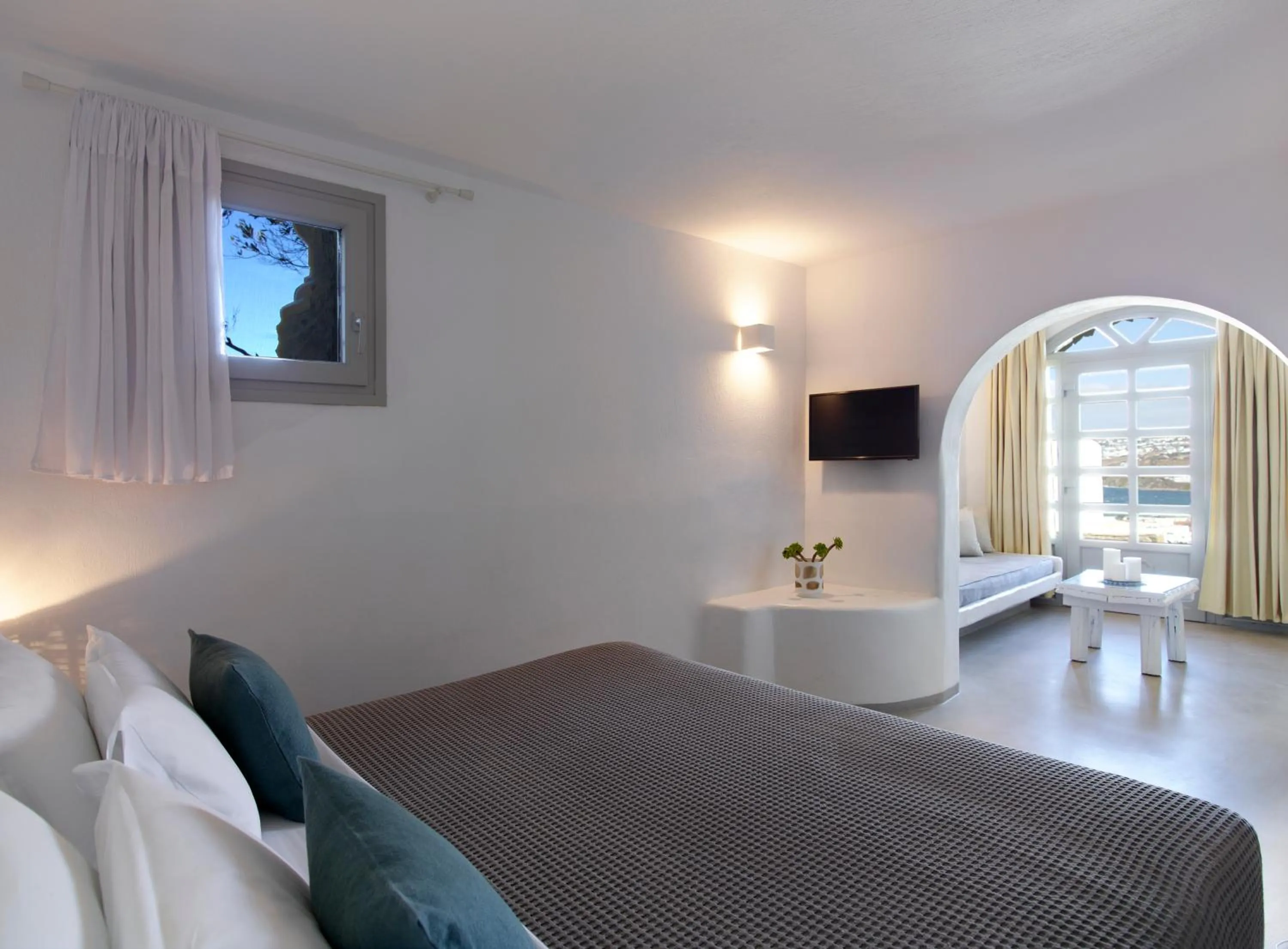 Living room, Bed in Kallos of Mykonos - previous Leonis Summer Houses