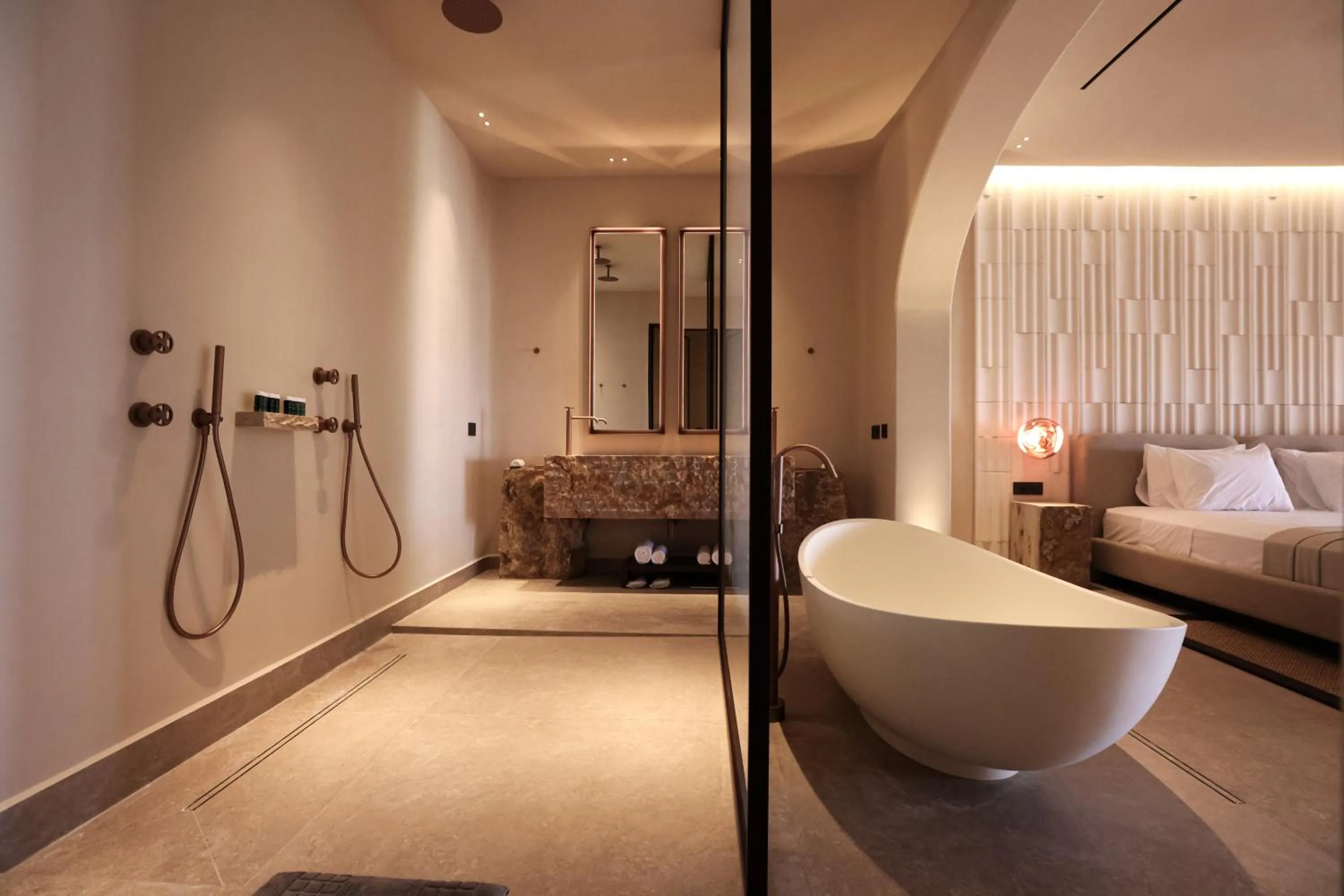 Bathroom, Bed in Tropicana Hotel , Suites & Villas Mykonos