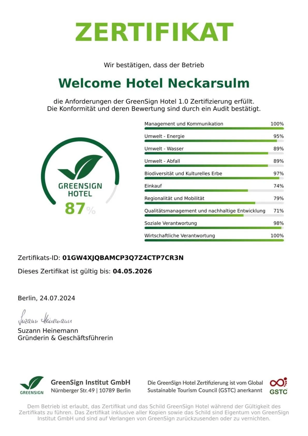 Certificate/Award in Welcome Hotel Neckarsulm
