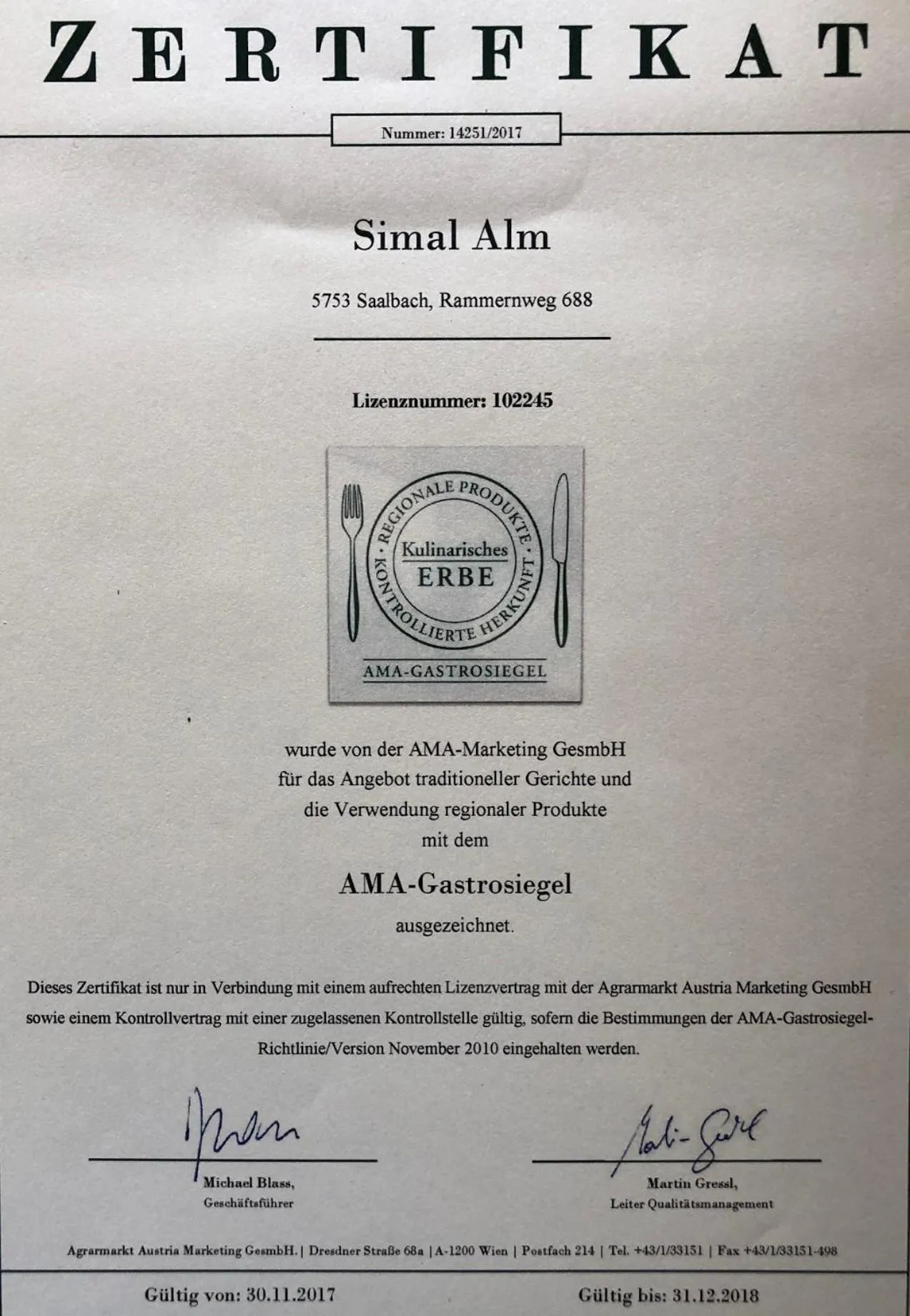 Certificate/Award in Simal Alm
