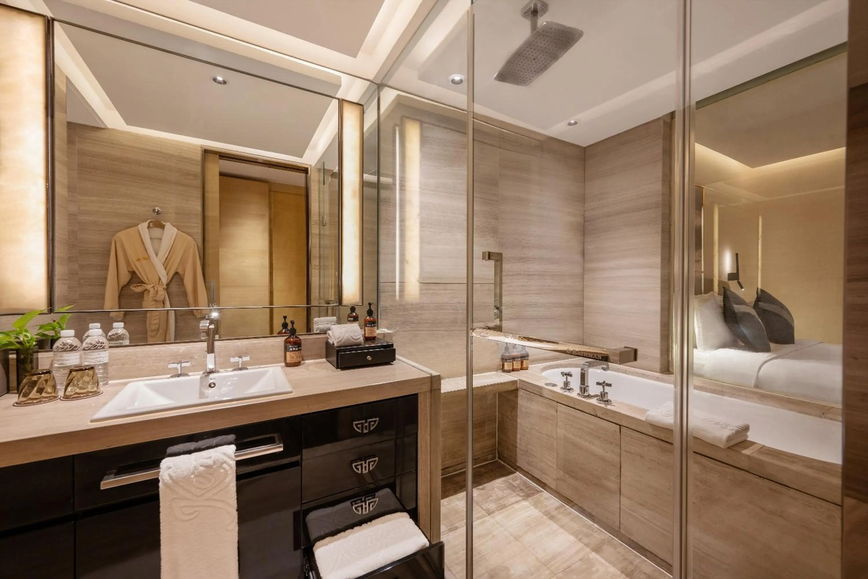 Bathroom, Bed in Kempinski The One Suites Hotel Shanghai Downtown