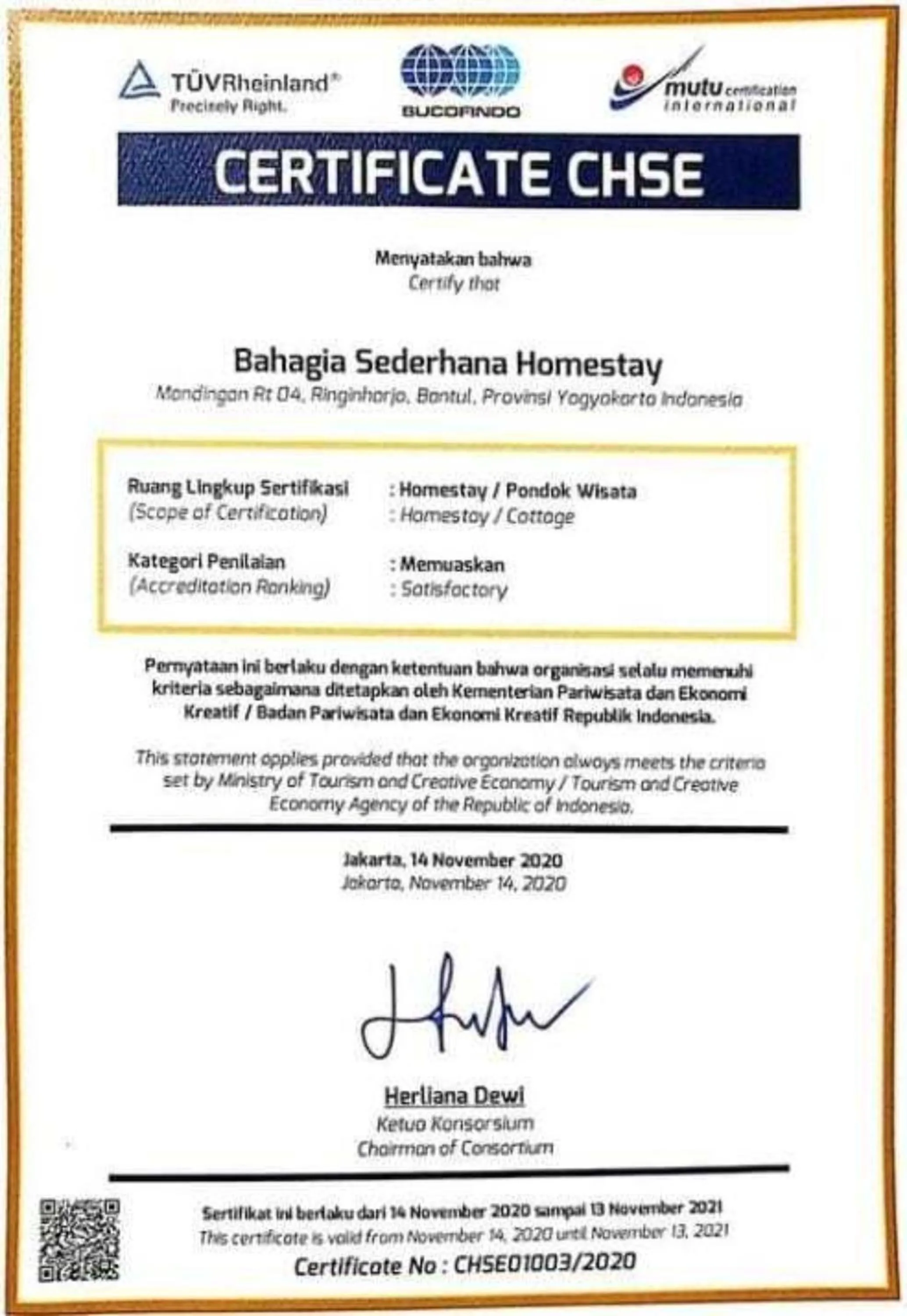 Certificate/Award in Bahagia Sederhana Homestay