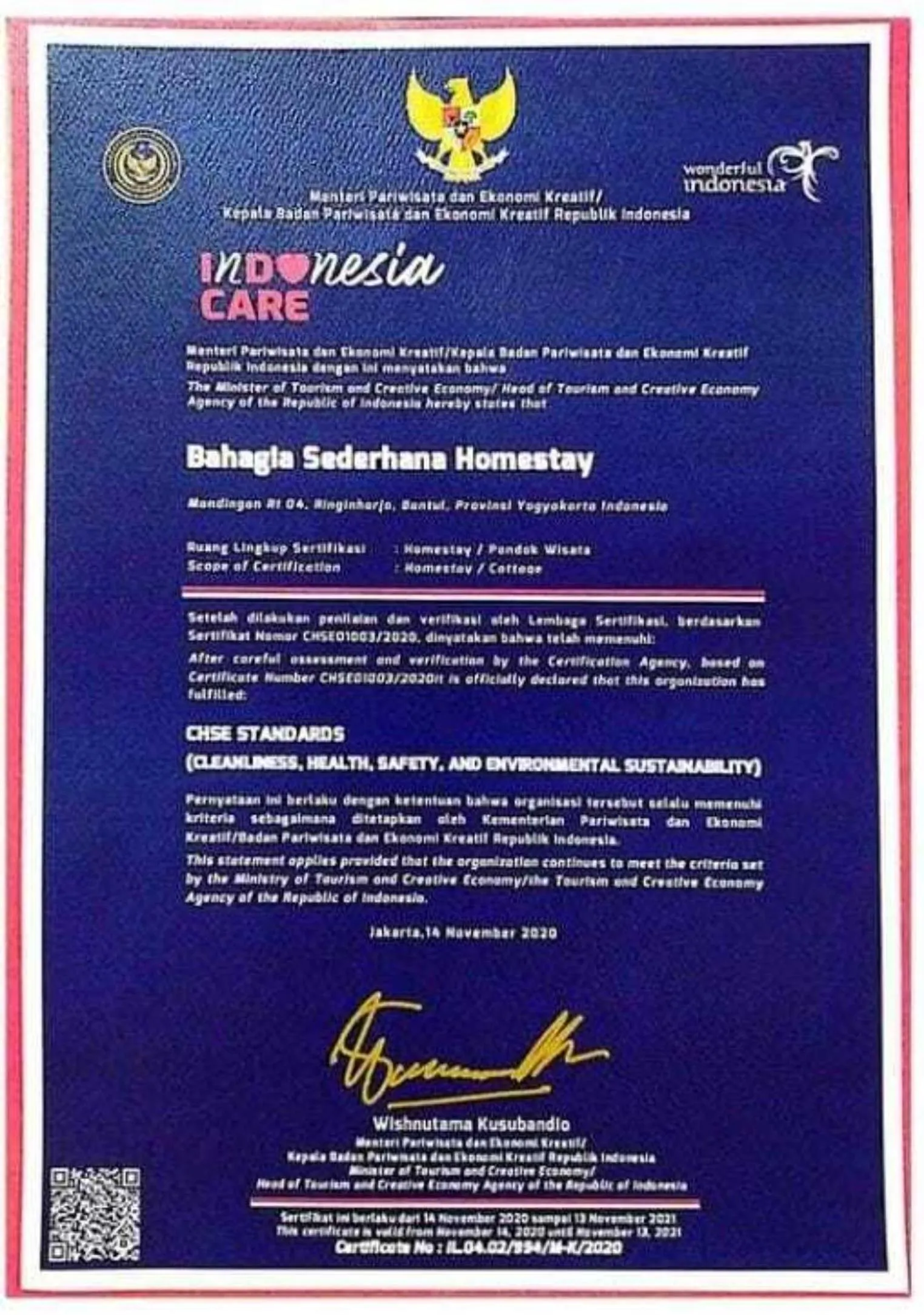 Certificate/Award in Bahagia Sederhana Homestay