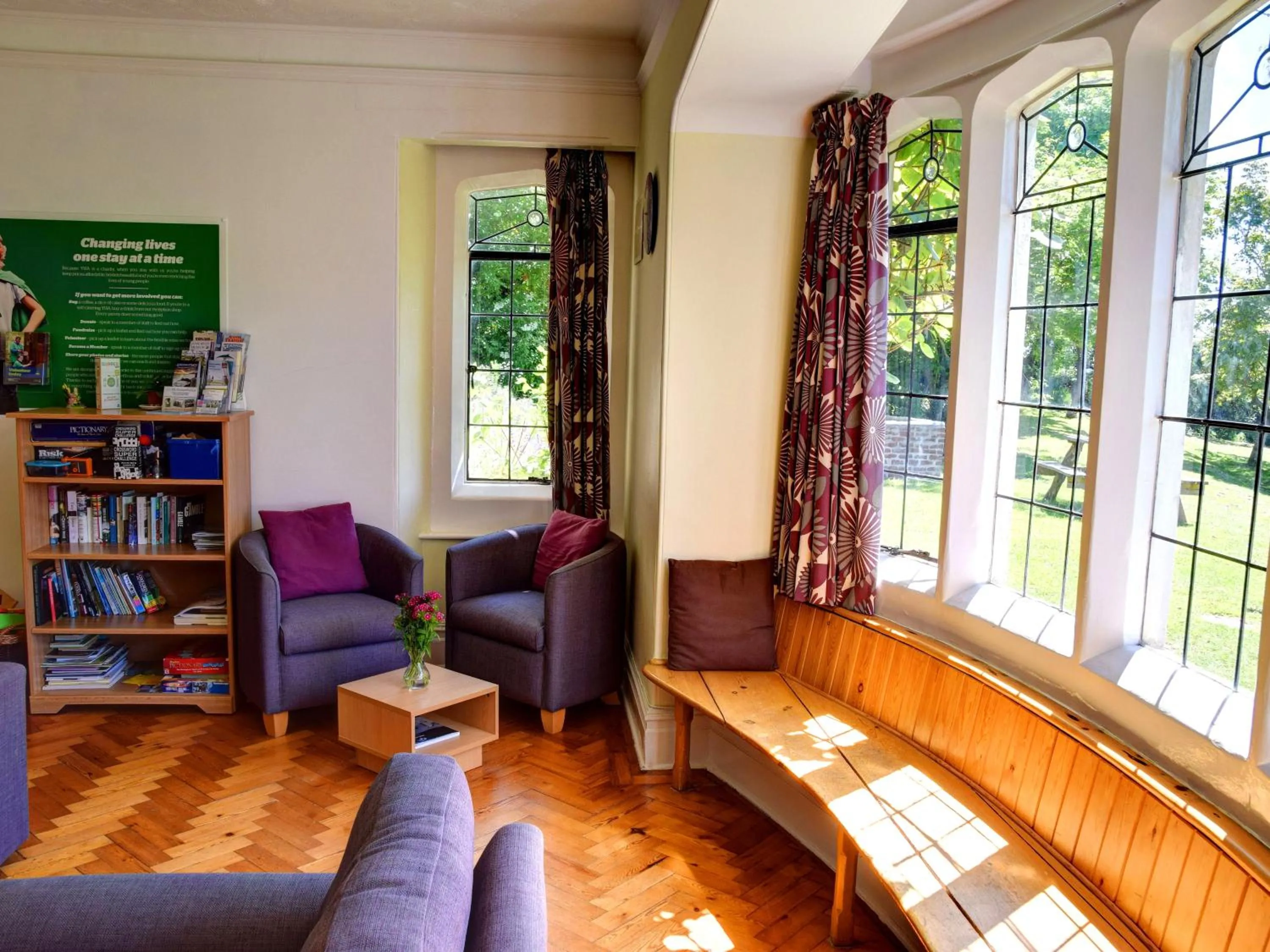 Seating area in YHA Beer