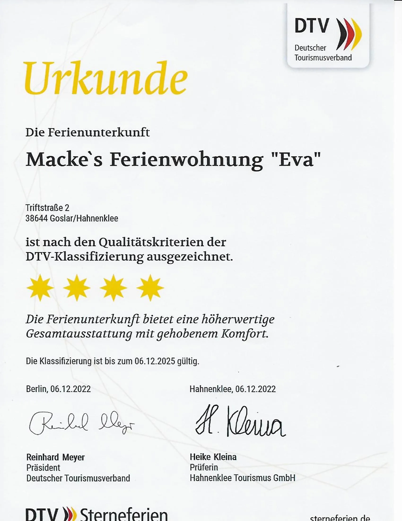 Certificate/Award in Macke`s Ferienwohnungen