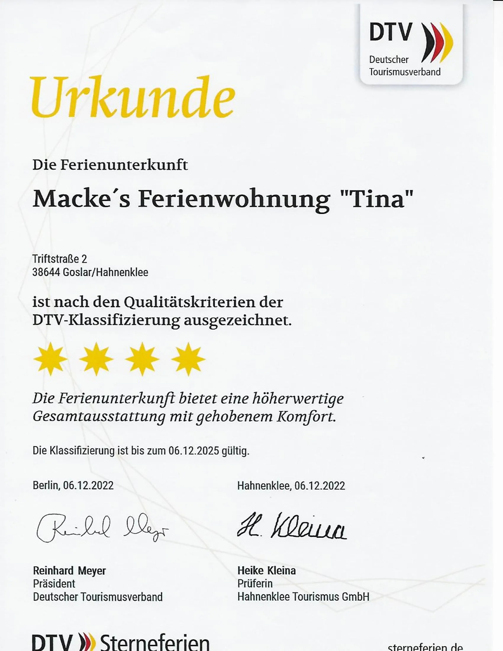 Certificate/Award in Macke`s Ferienwohnungen