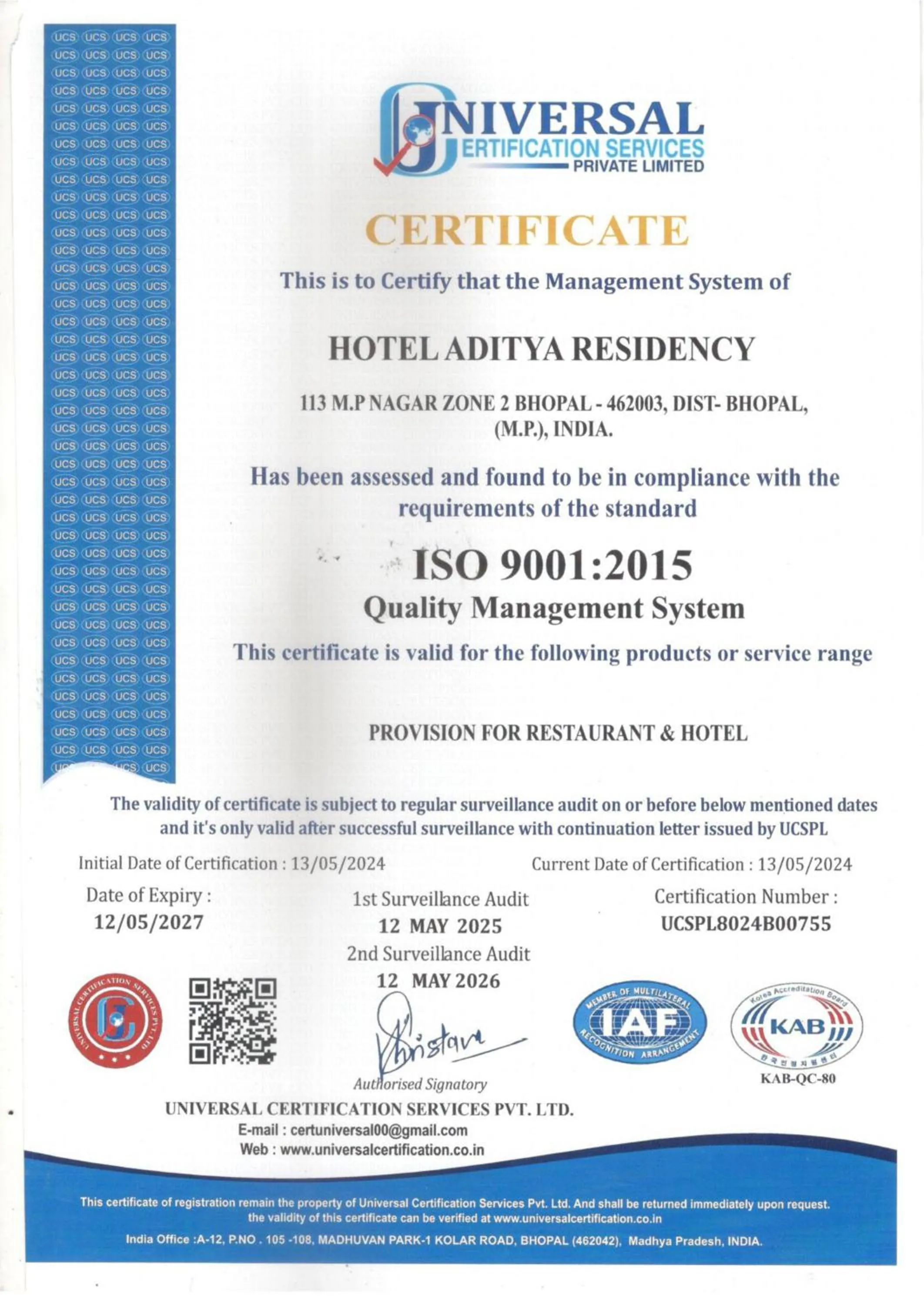 Certificate/Award in Hotel Aditya Residency