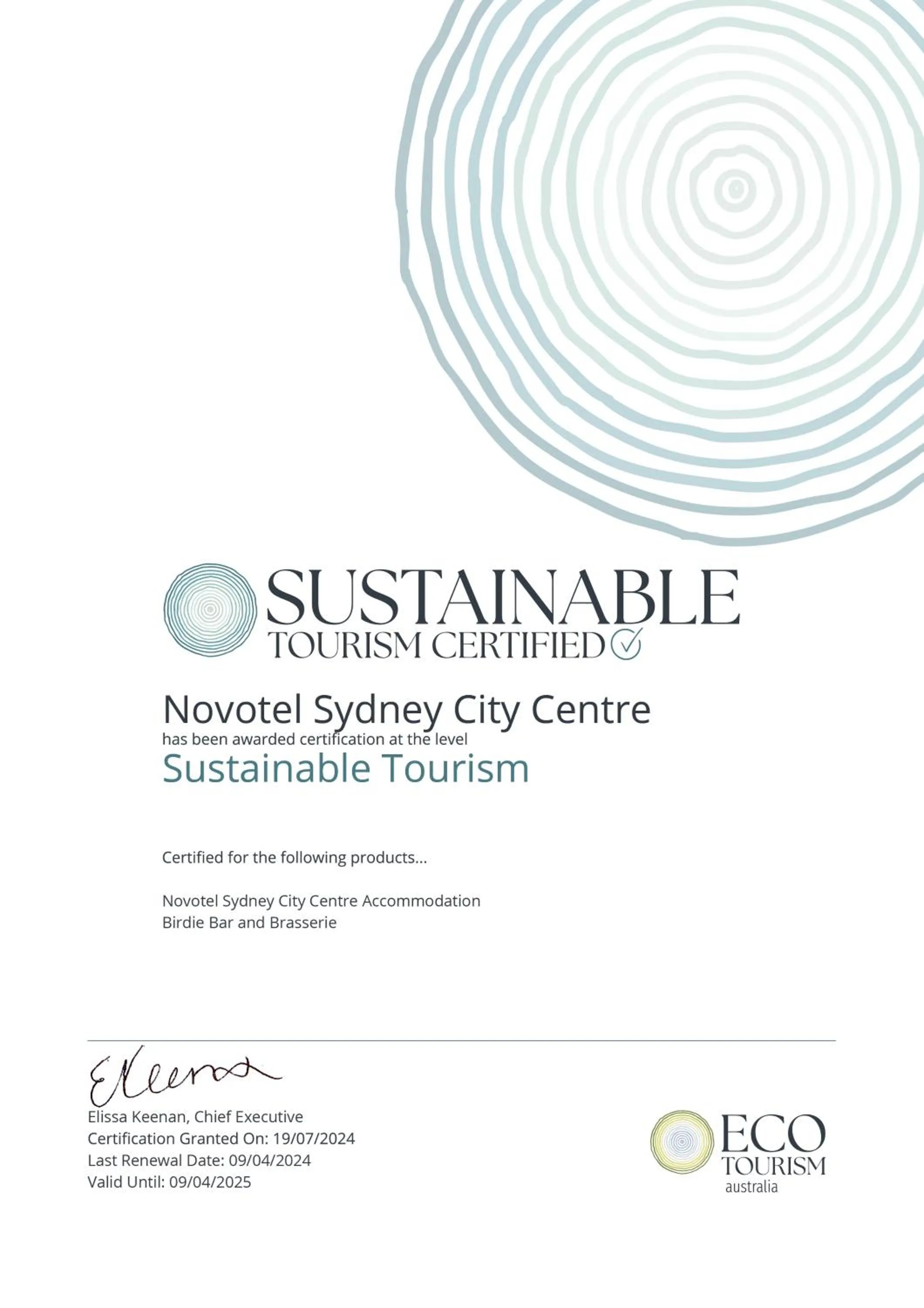 Logo/Certificate/Sign in Novotel Sydney City Centre