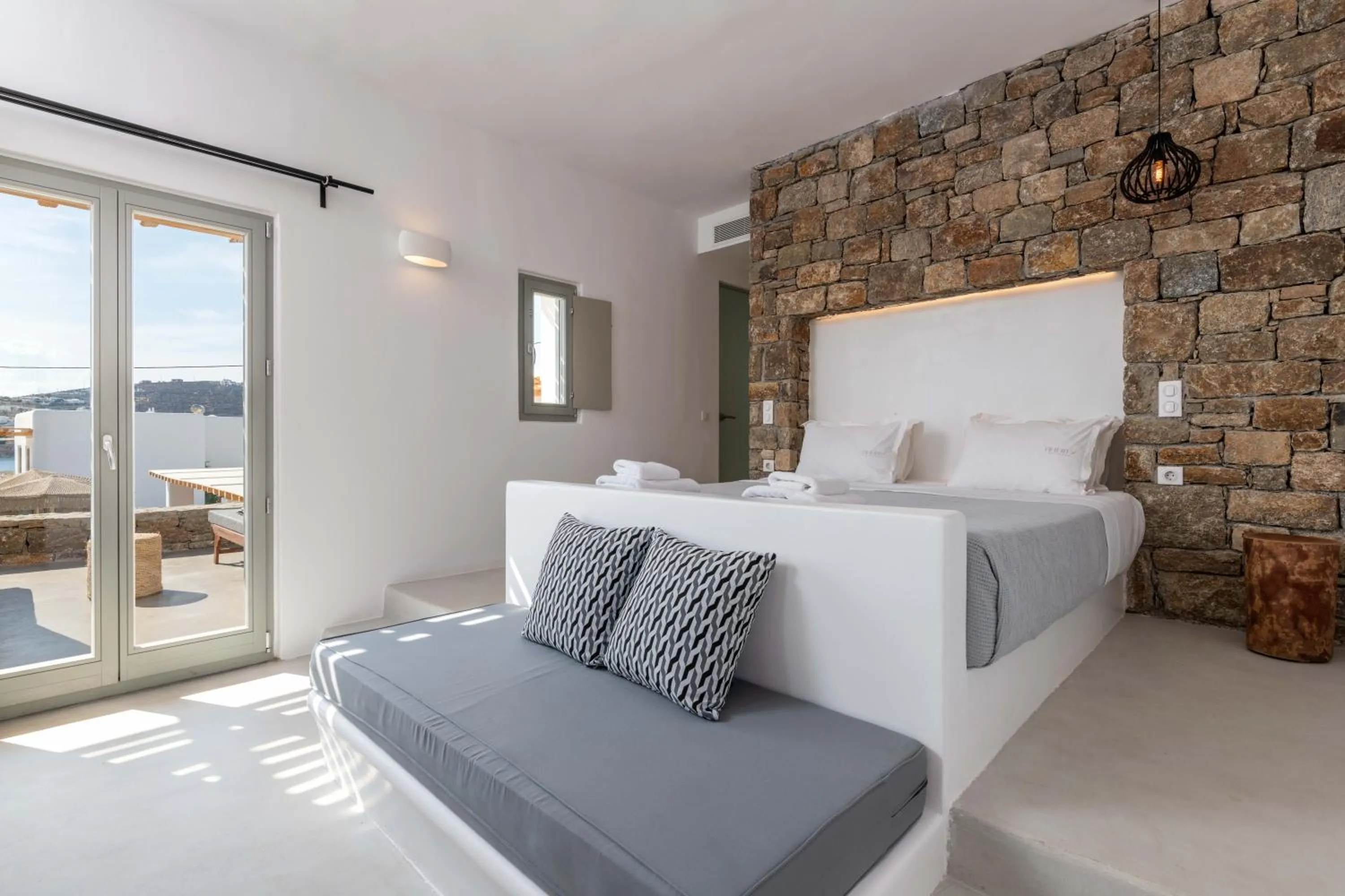 Seating area, Bed in Trinity Mykonos - Beachfront Villa