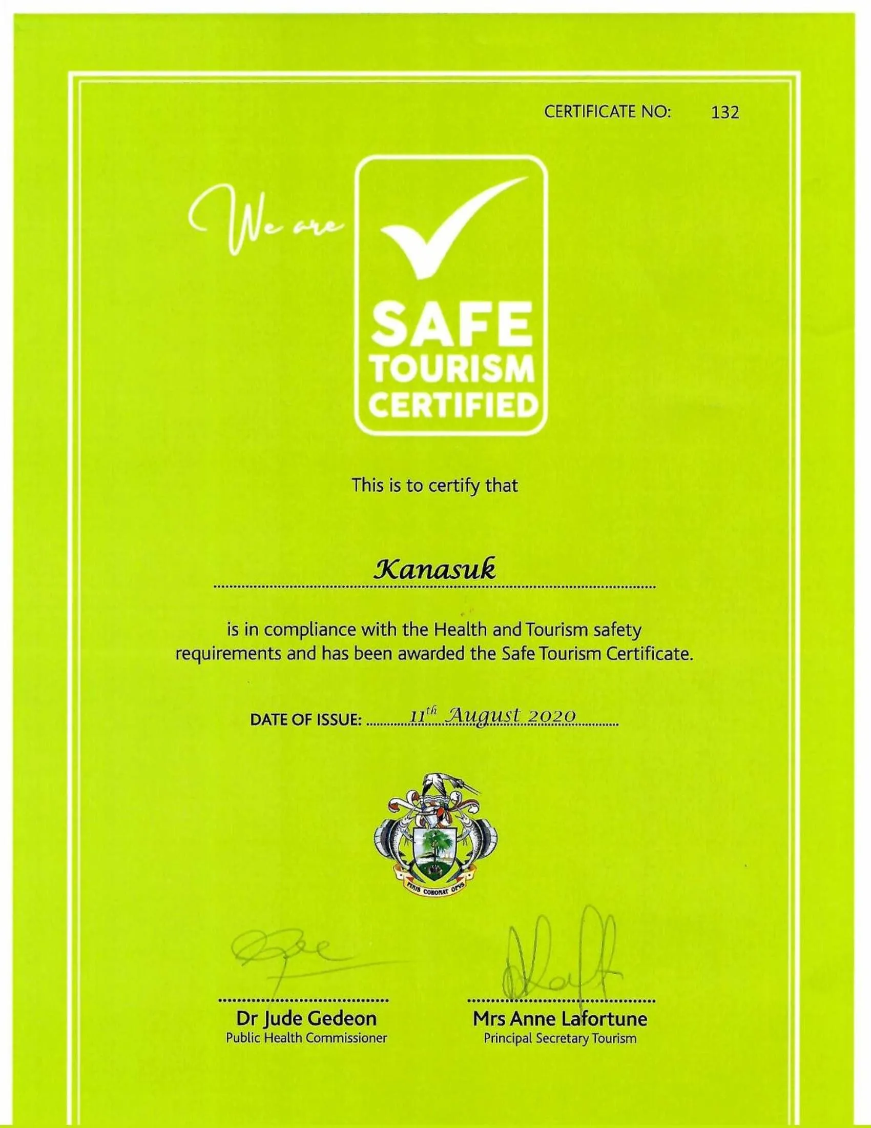 Certificate/Award in Kanasuk Self catering Apartments