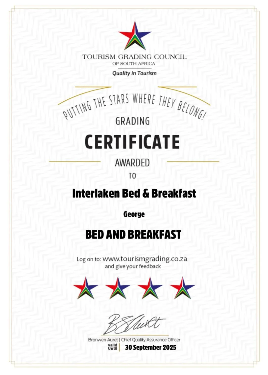 Certificate/Award in Interlaken Guest House