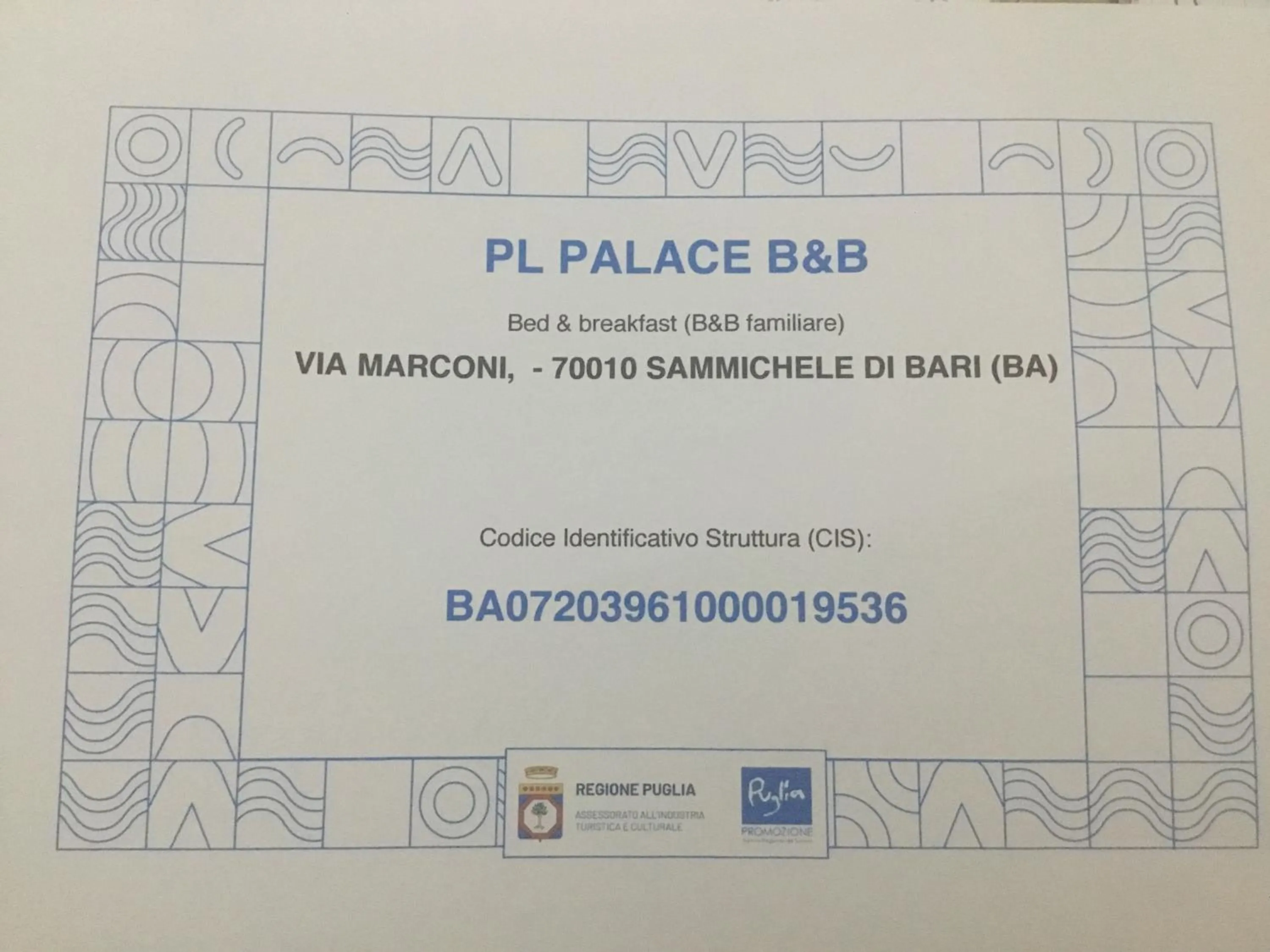 Certificate/Award in BED & BREAKFAST PL PALACE