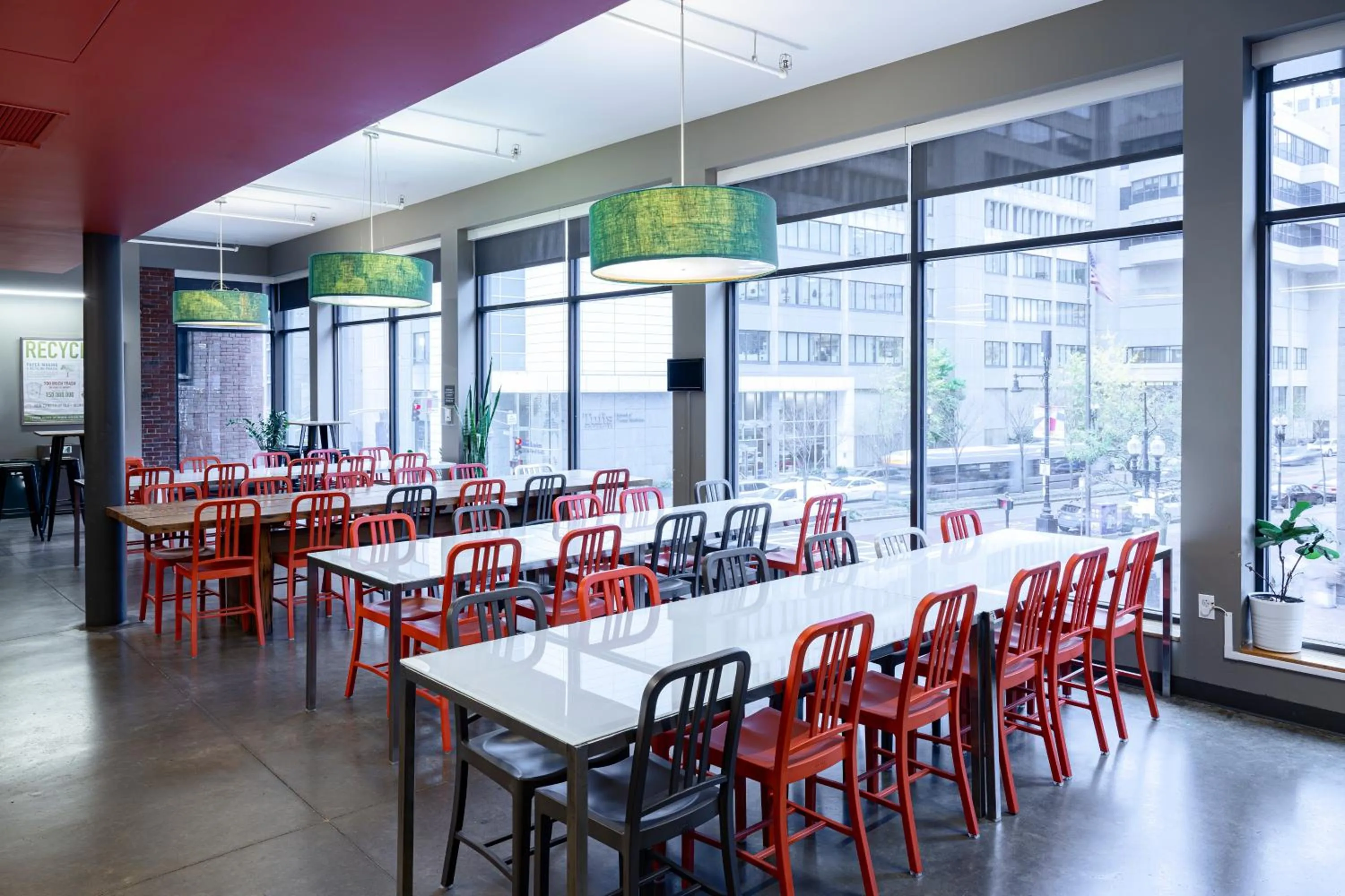 Seating area in HI Boston Hostel