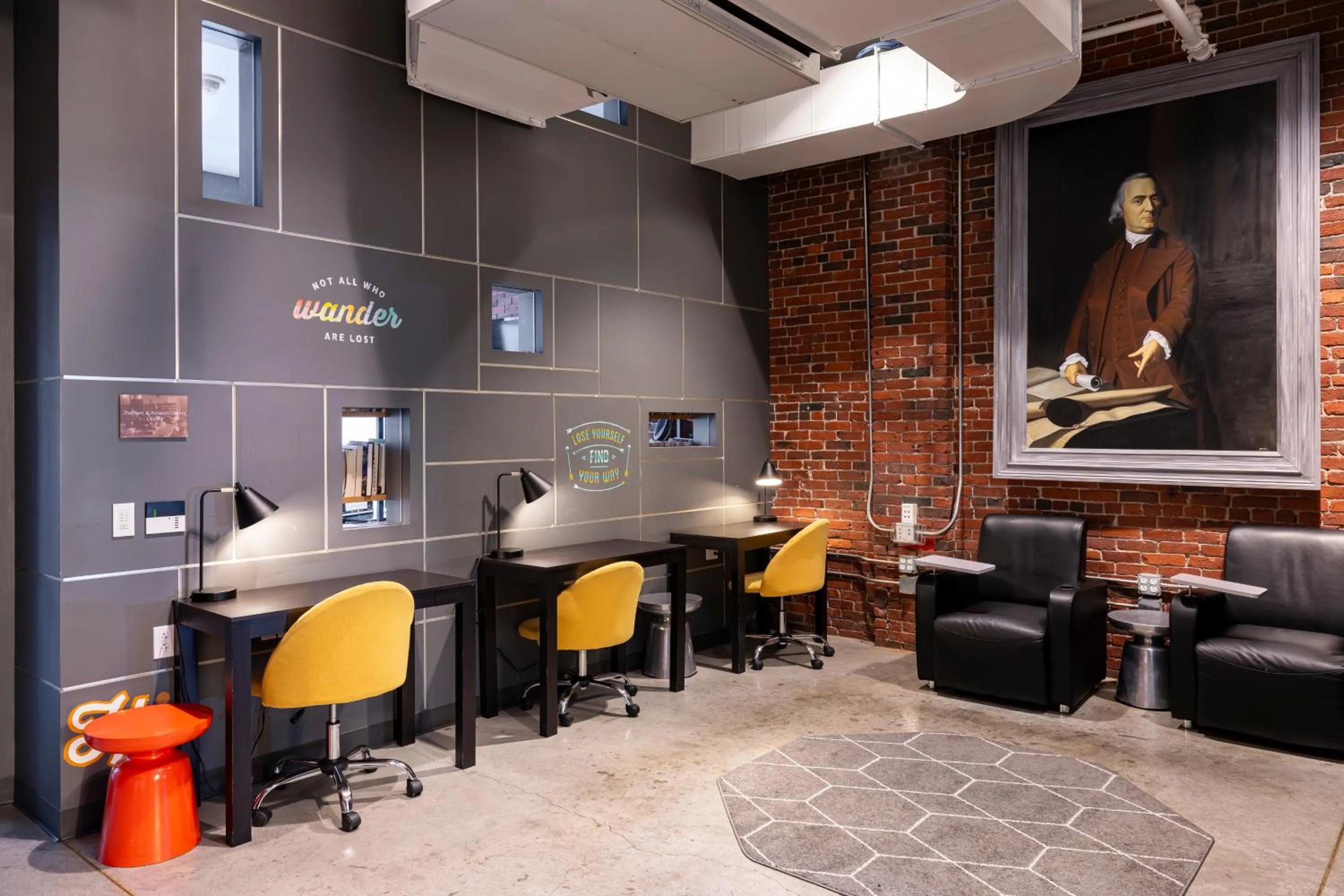 Seating area in HI Boston Hostel