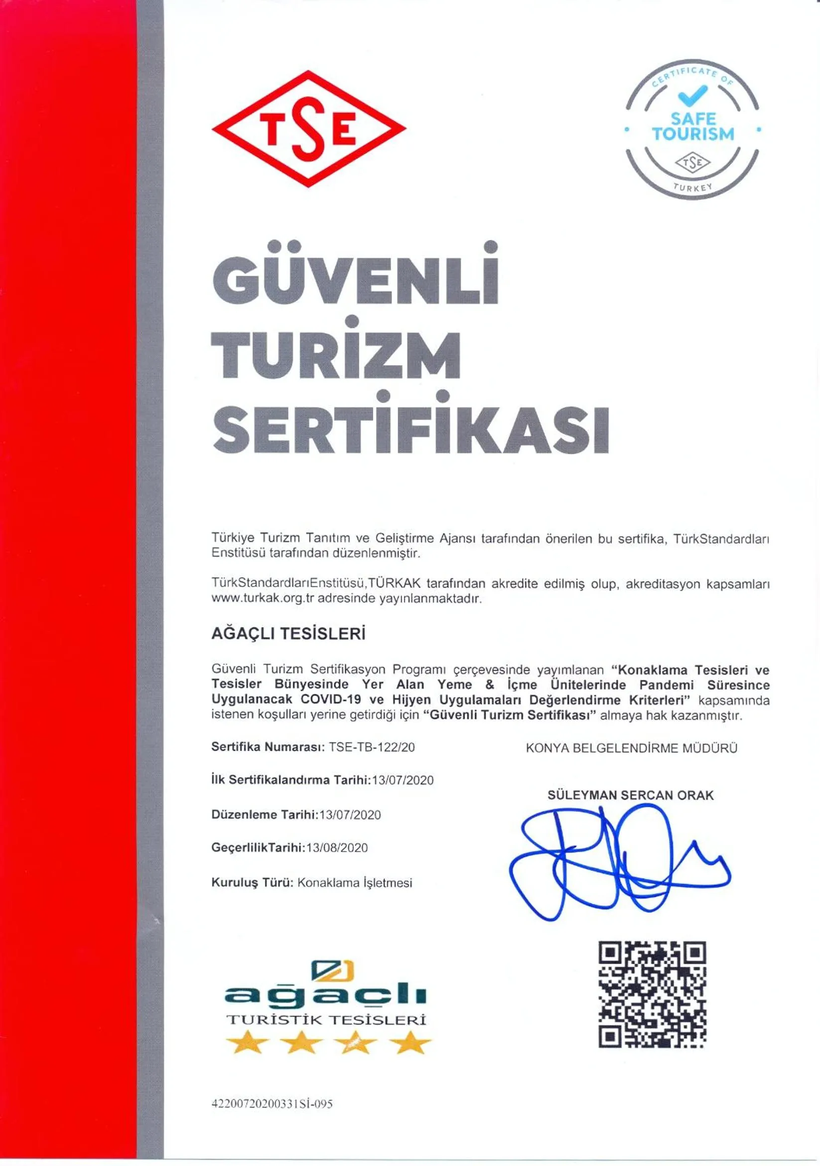 Certificate/Award in Agacli Hotel