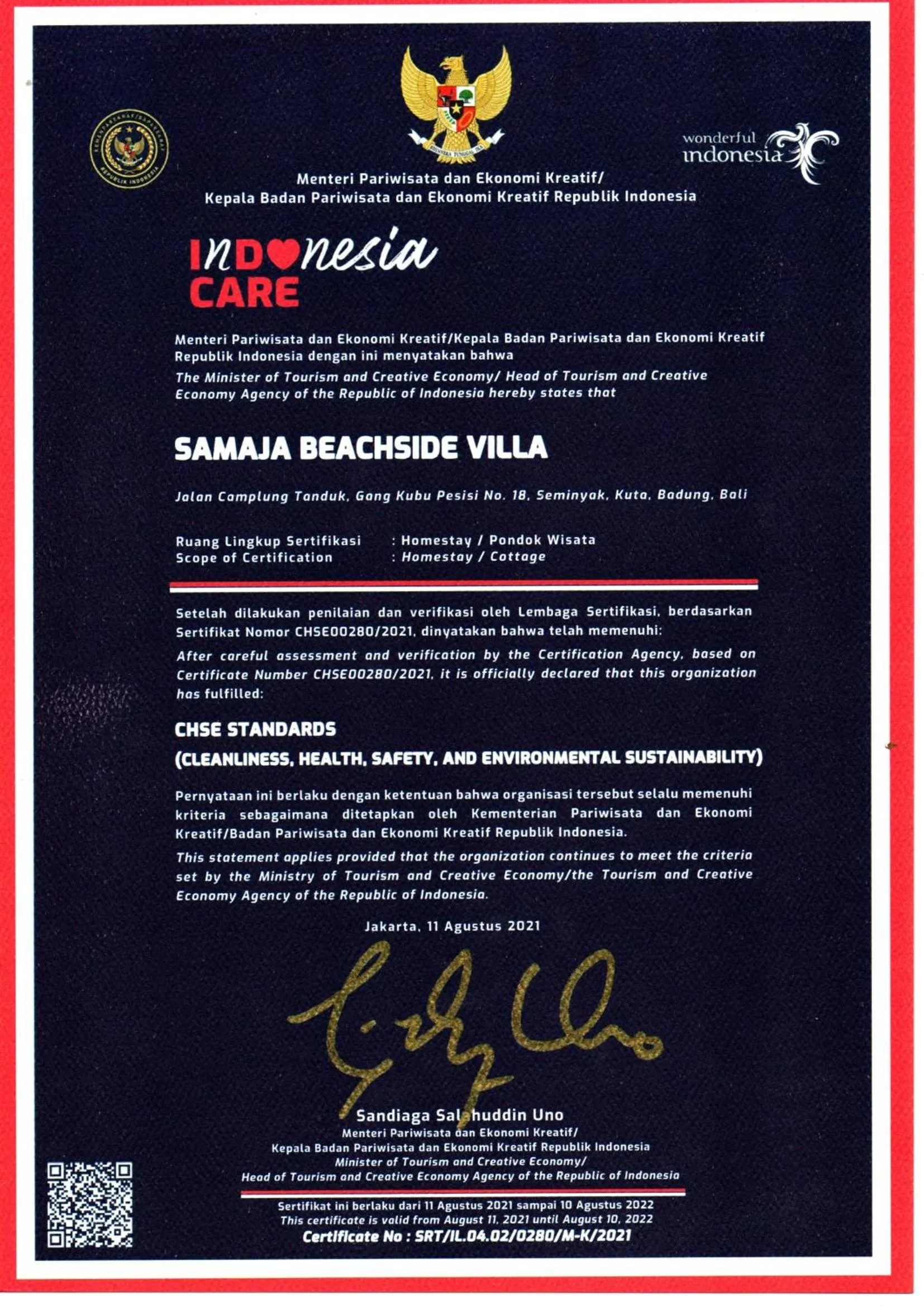 Certificate/Award in Samaja Beachside Villas