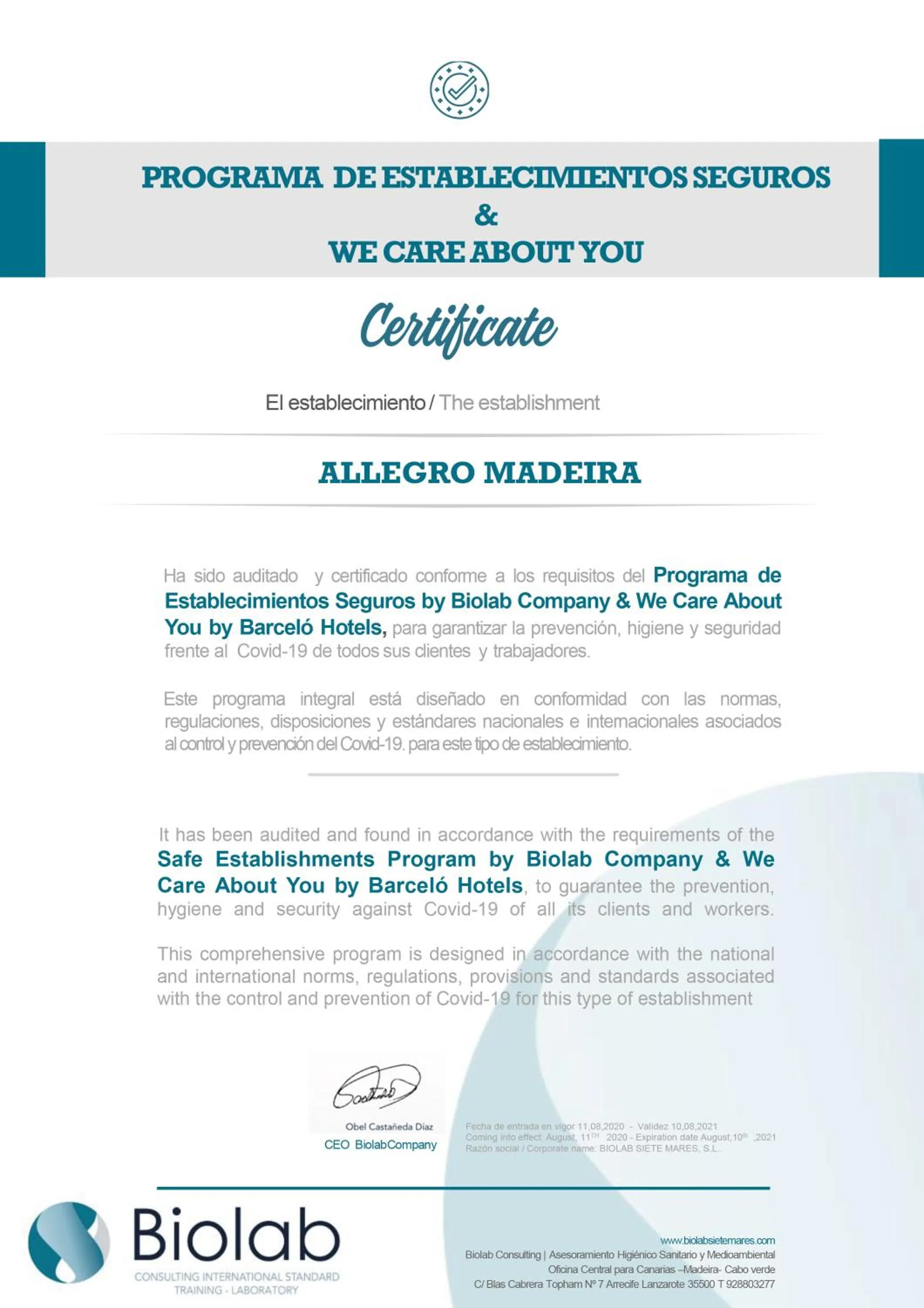 Certificate/Award in Allegro Madeira - Adults Only