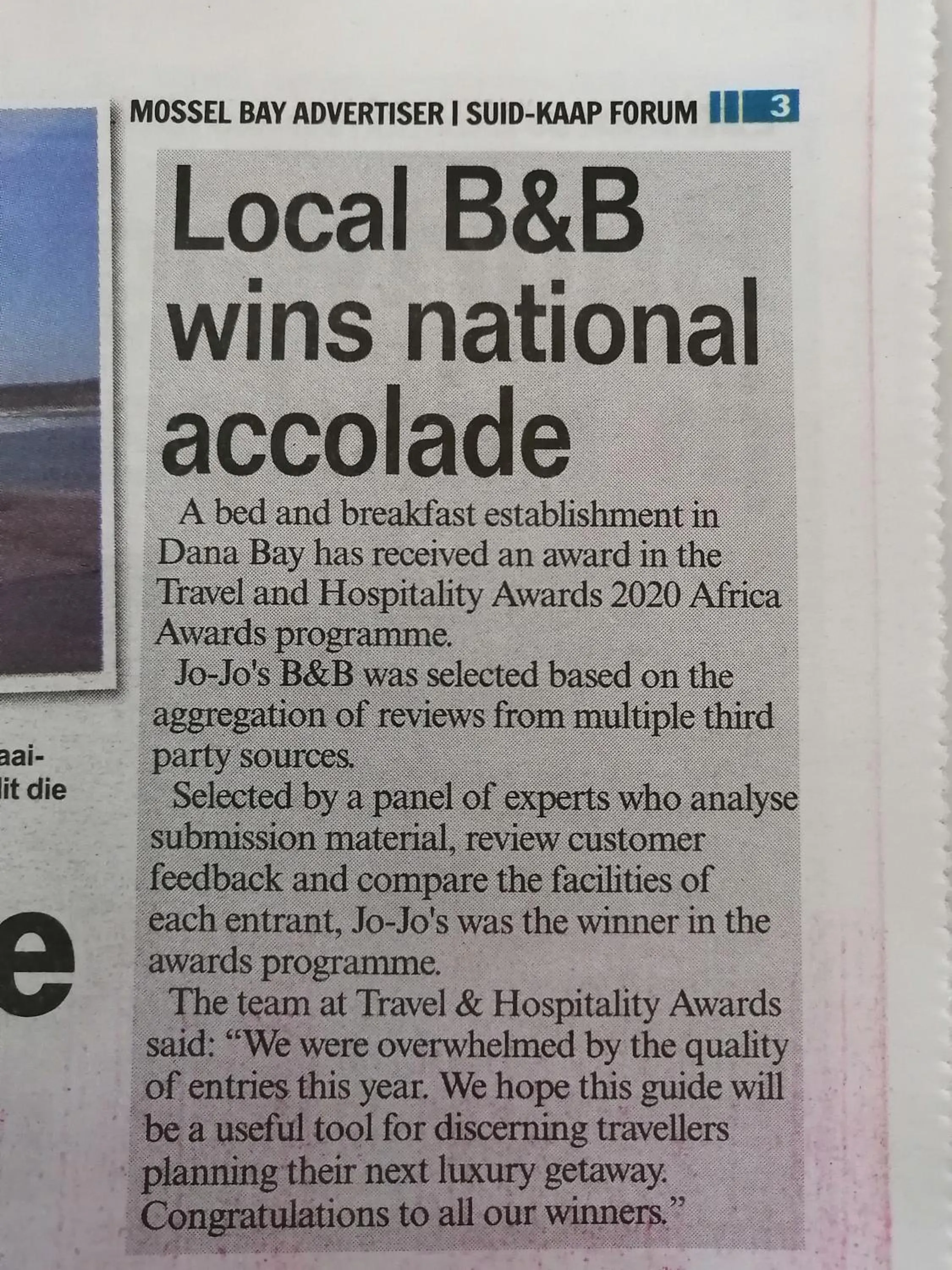 Certificate/Award in JoJo's BnB