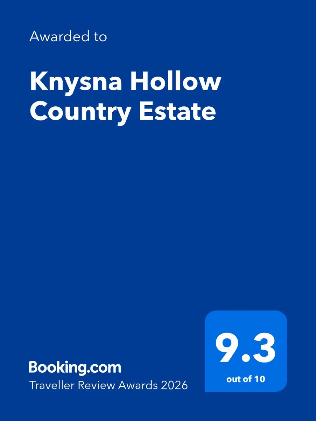 Certificate/Award in Knysna Hollow Country Estate