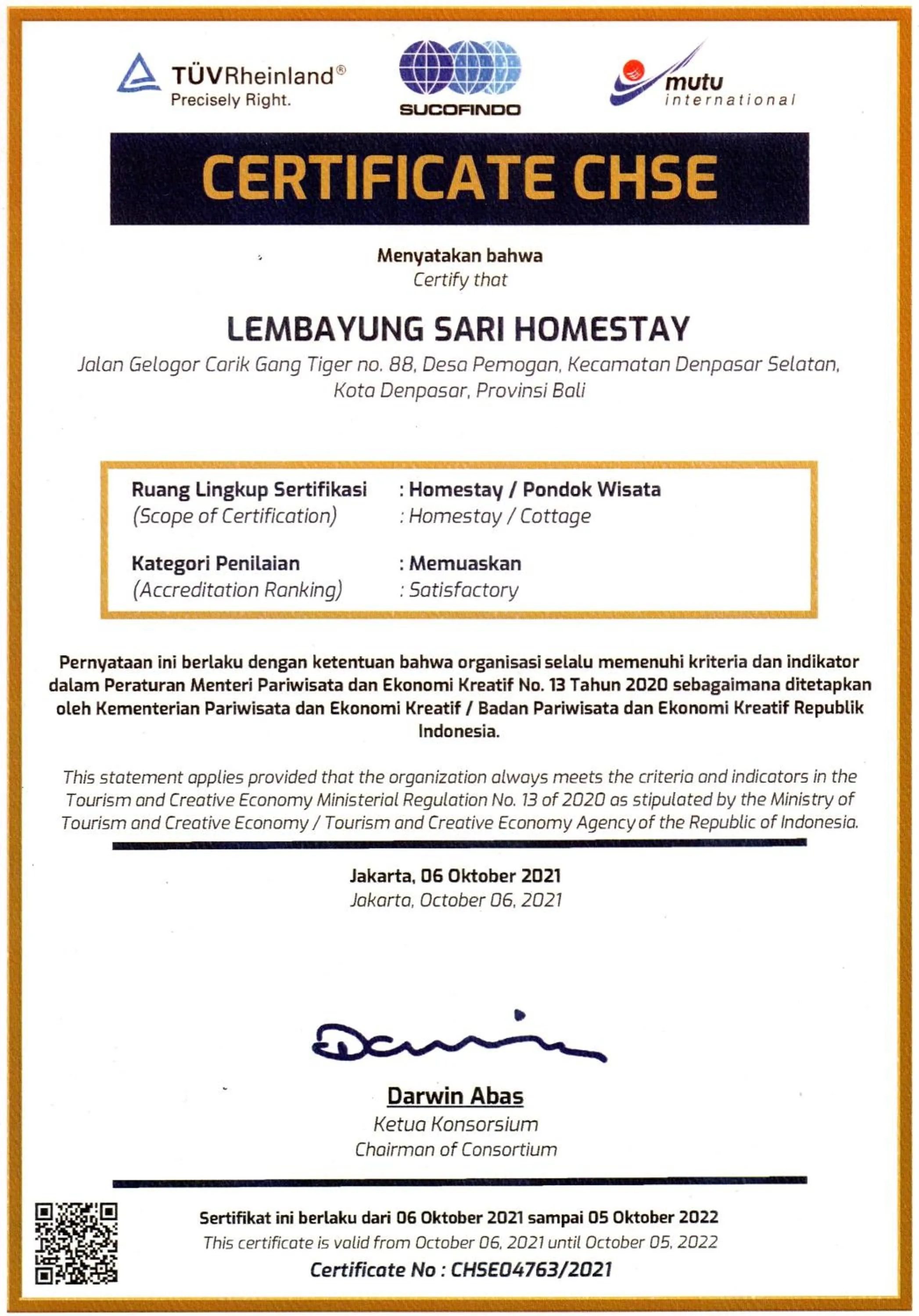 Certificate/Award in Lembayung Sari Homestay