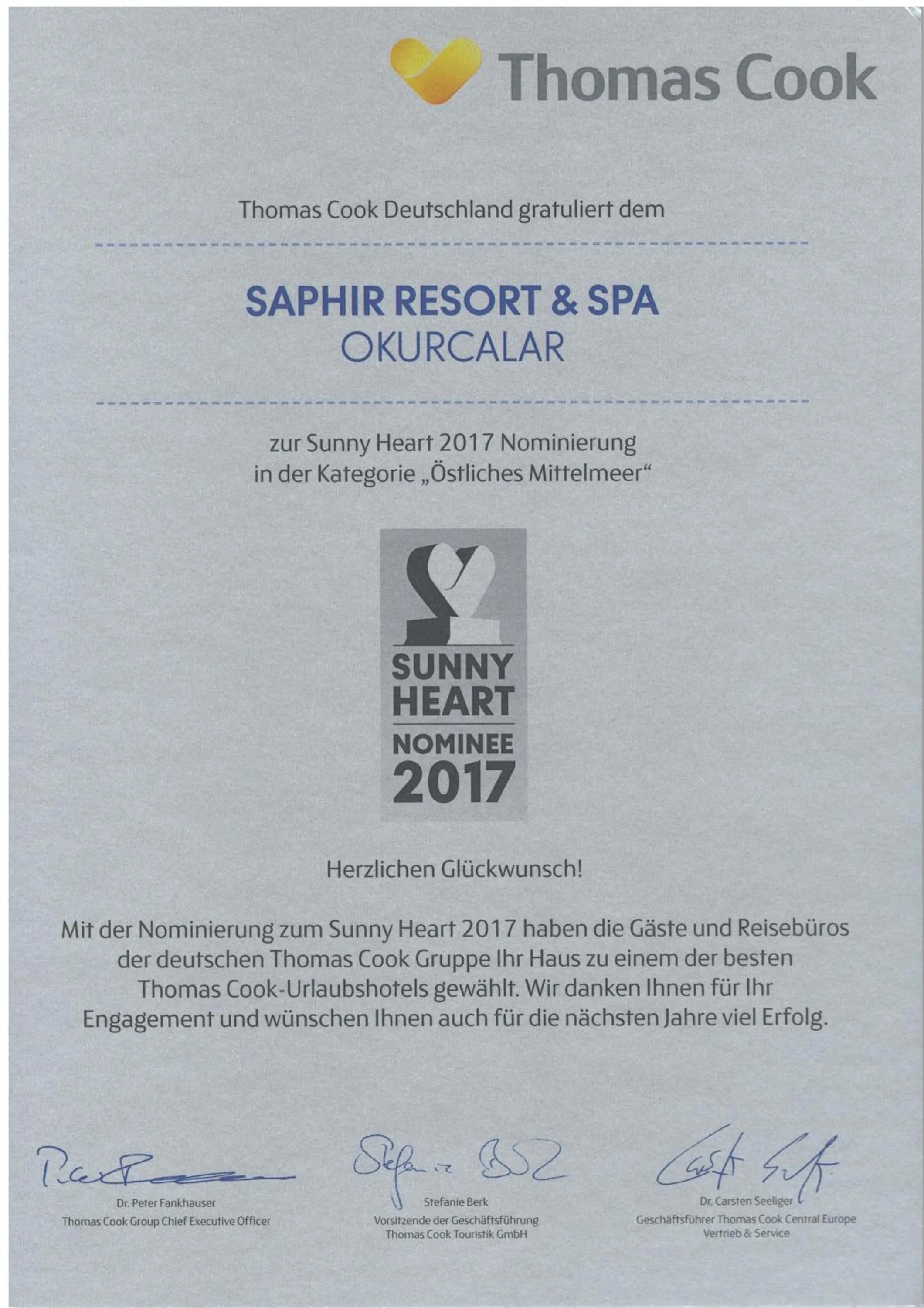 Certificate/Award in Saphir Resort & Spa