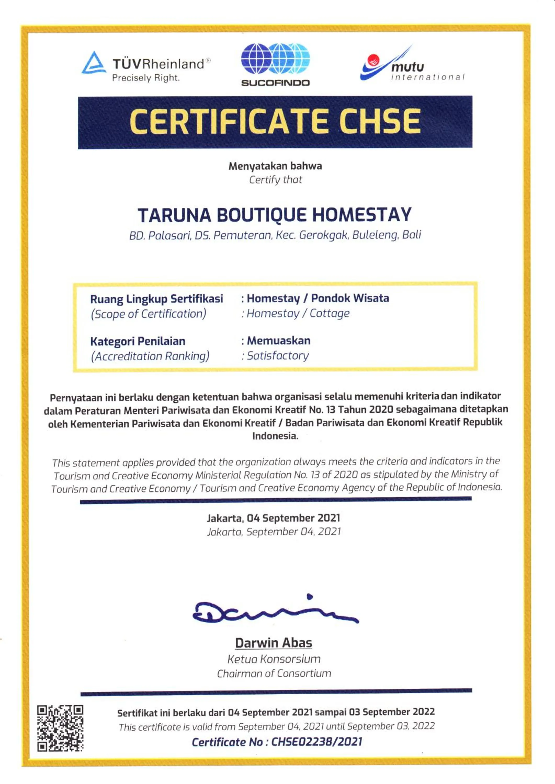 Certificate/Award in Taruna Boutique Homestay & Spa