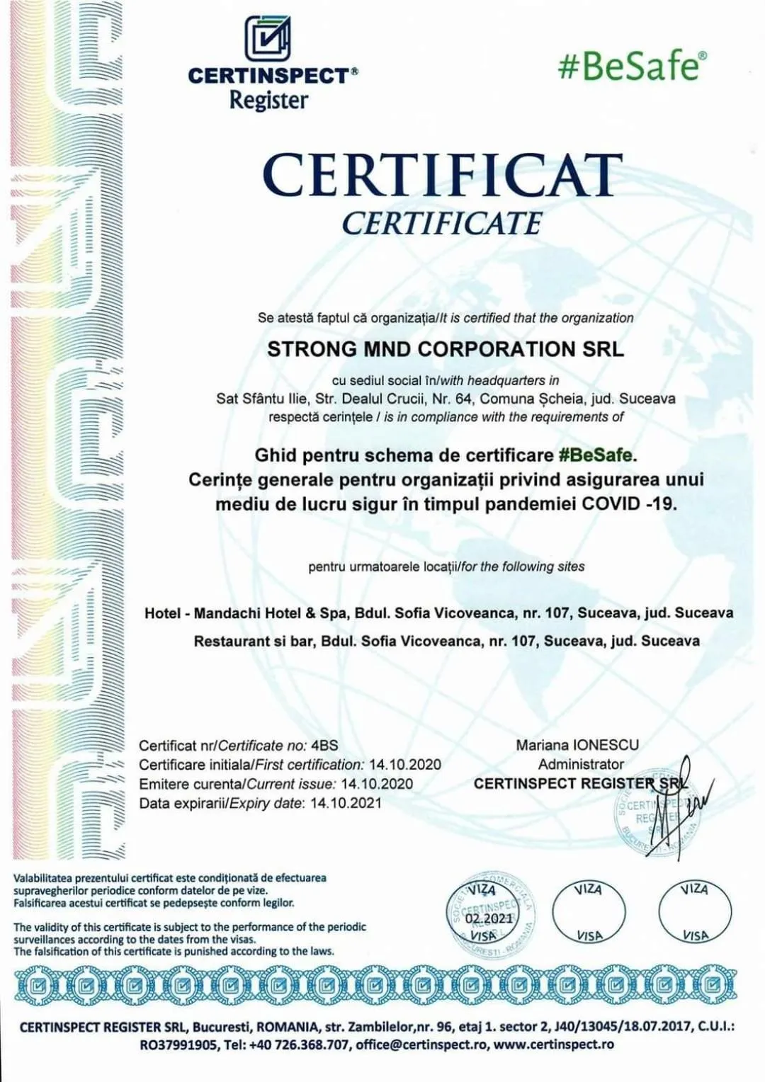 Certificate/Award in Mandachi Hotel & SPA