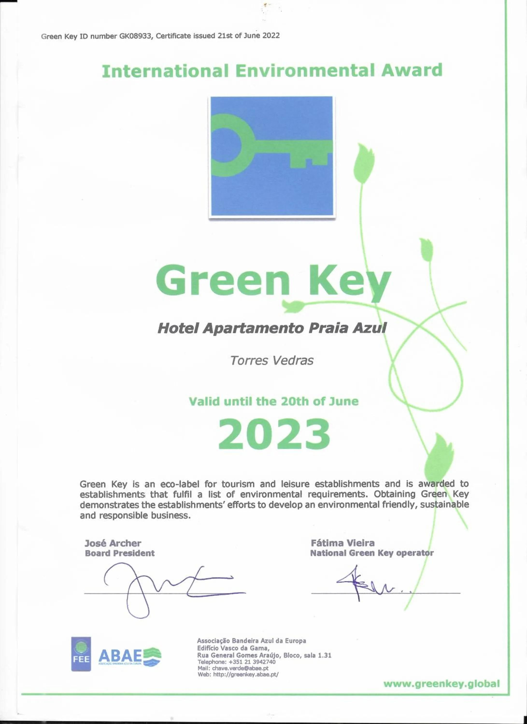 Certificate/Award in Hotel Apartamento Praia Azul