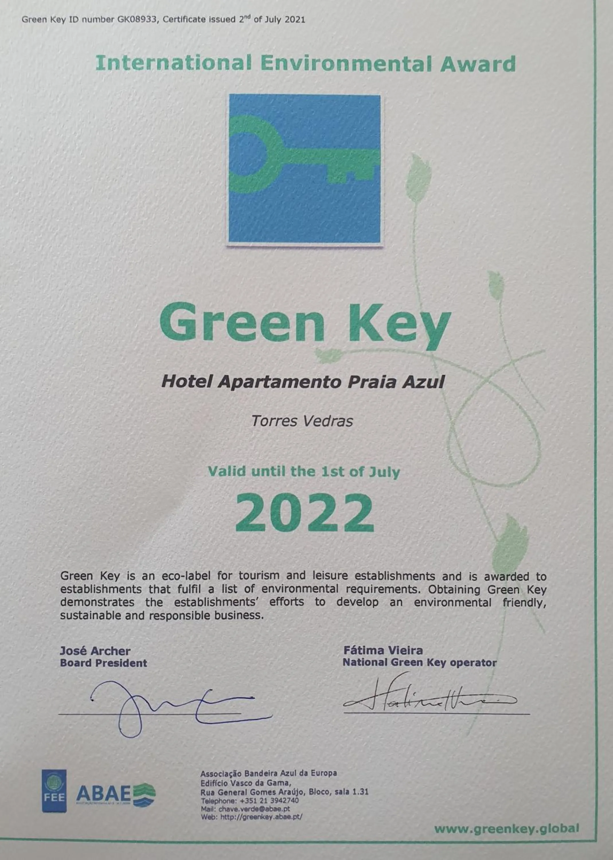 Certificate/Award in Hotel Apartamento Praia Azul