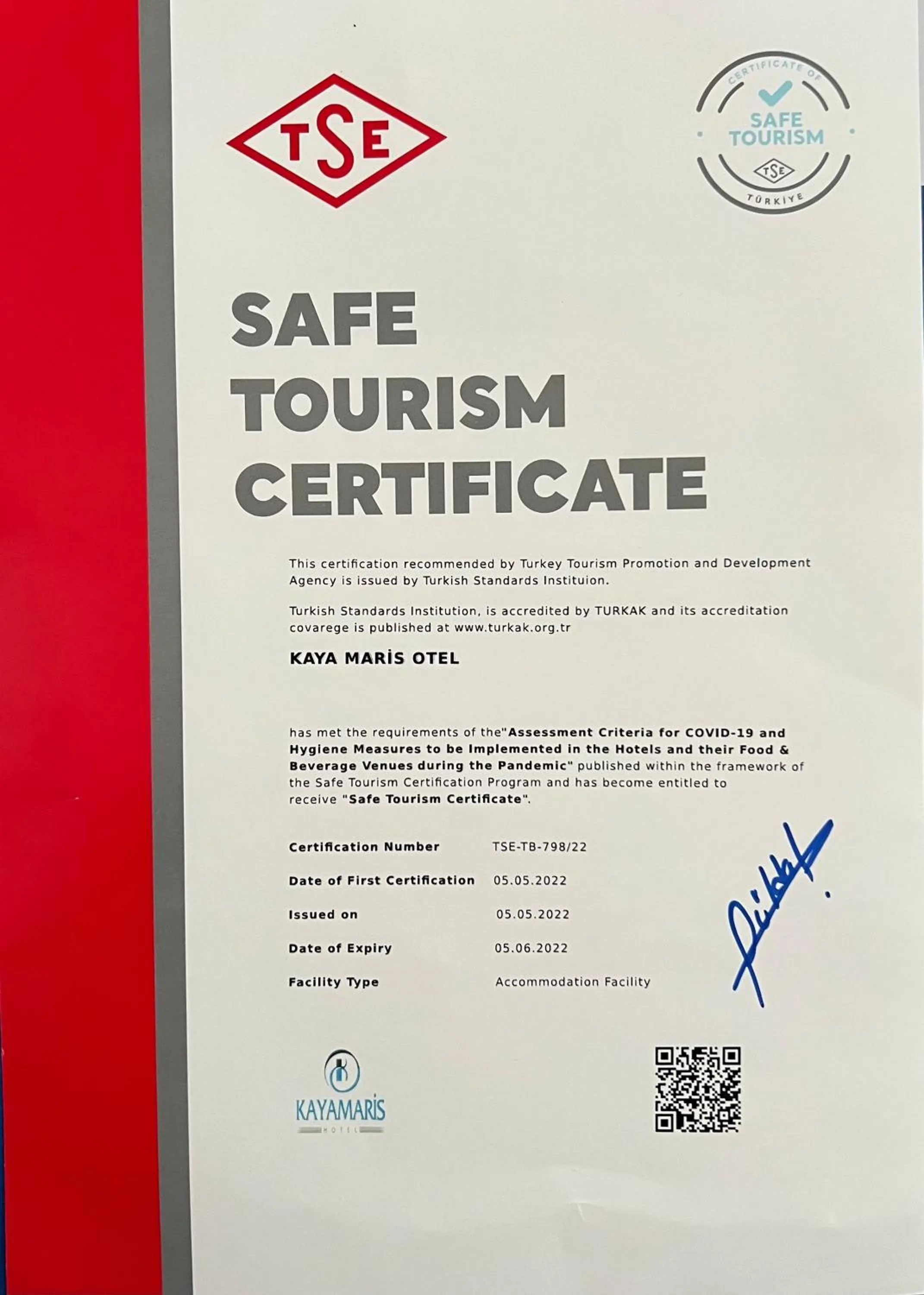 Certificate/Award in Kayamaris Hotel