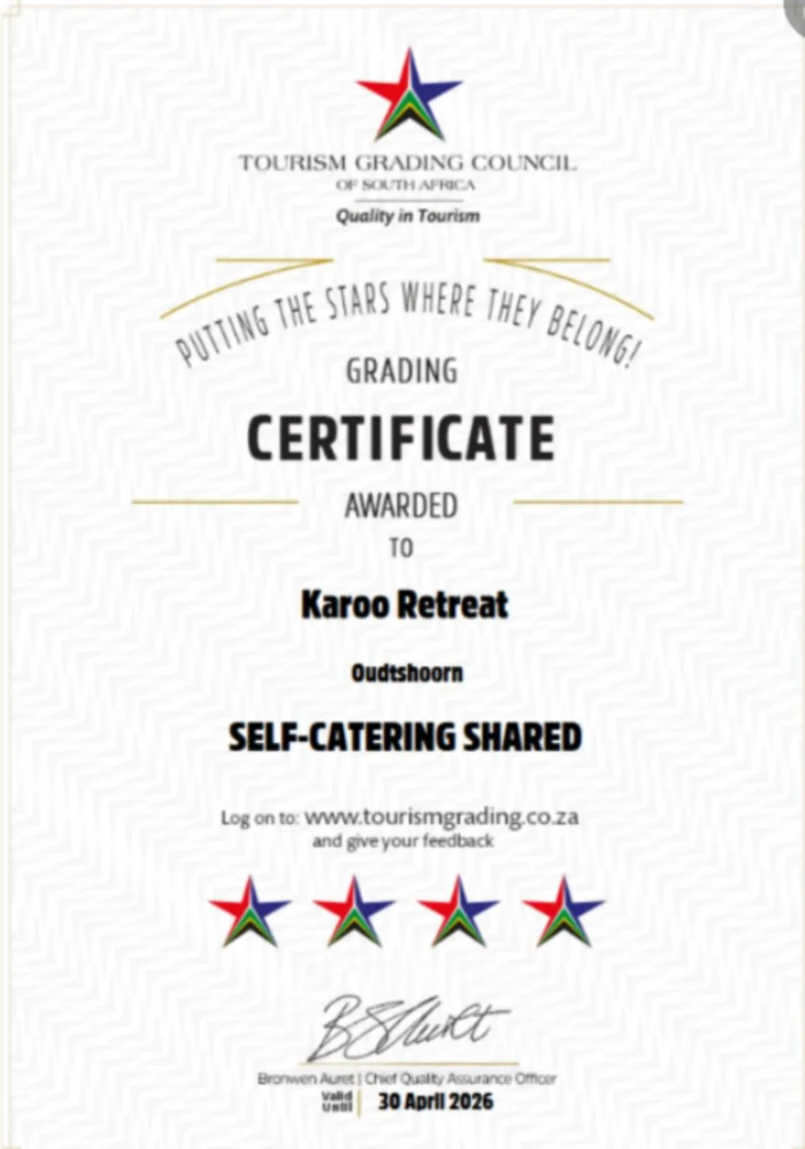 Certificate/Award in Karoo Retreat- Self Catering Villas and Guest House