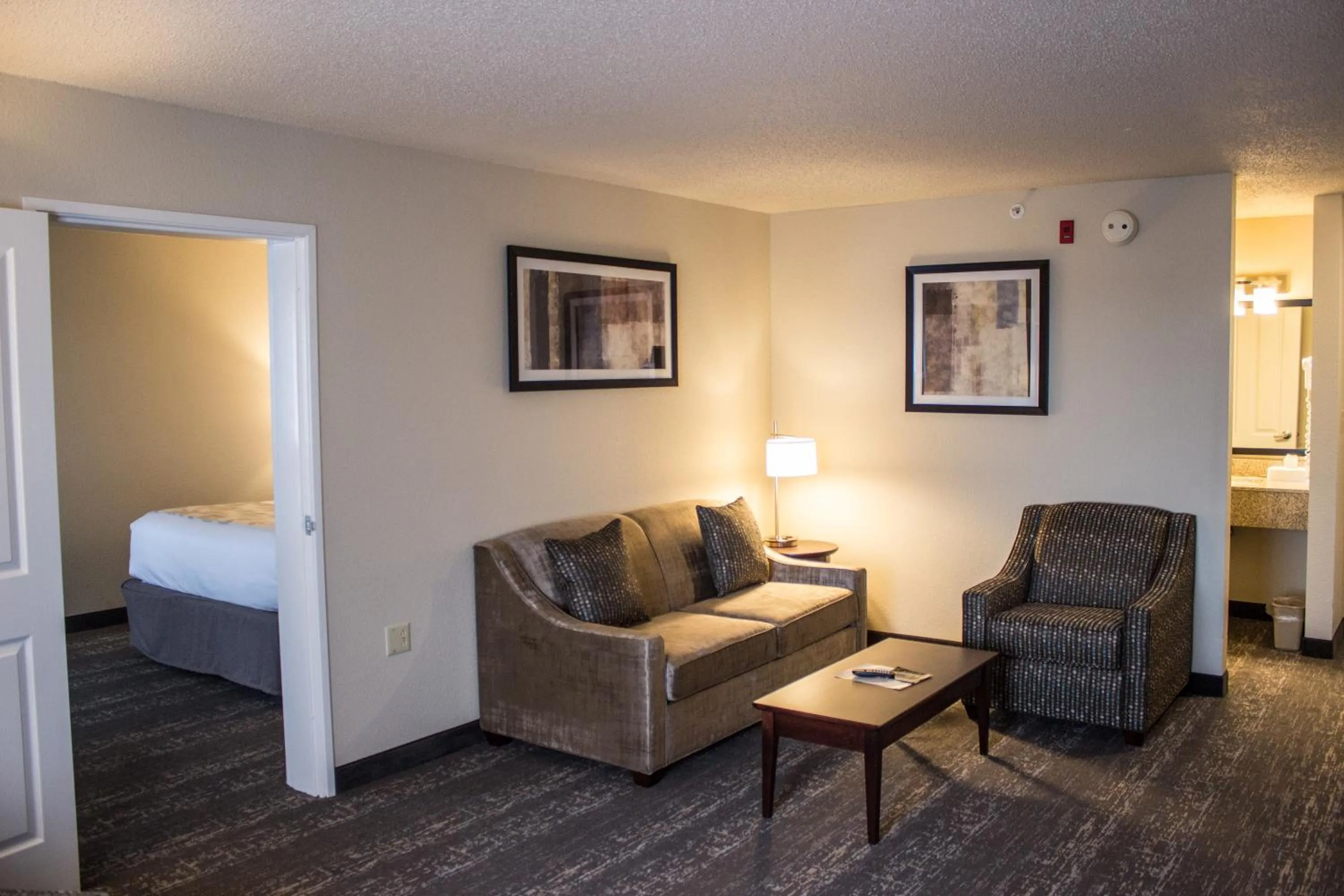 Living room, Bed in Cobblestone Suites - Oshkosh