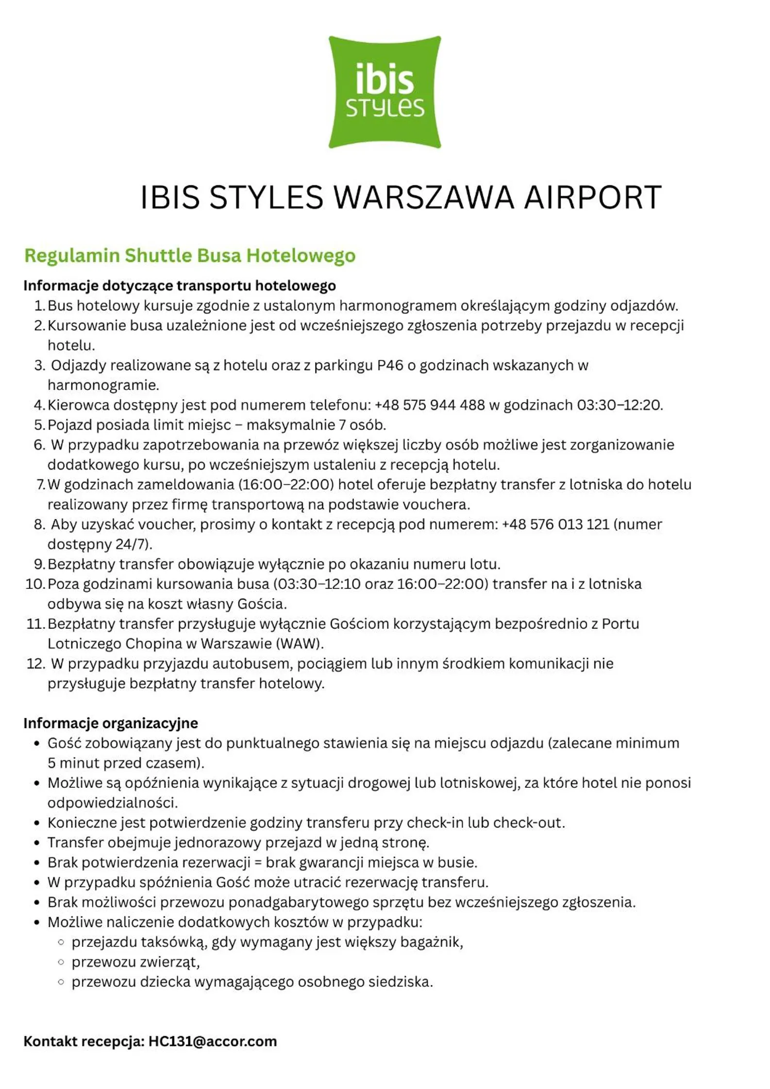 shuttle in ibis Styles Warszawa Airport