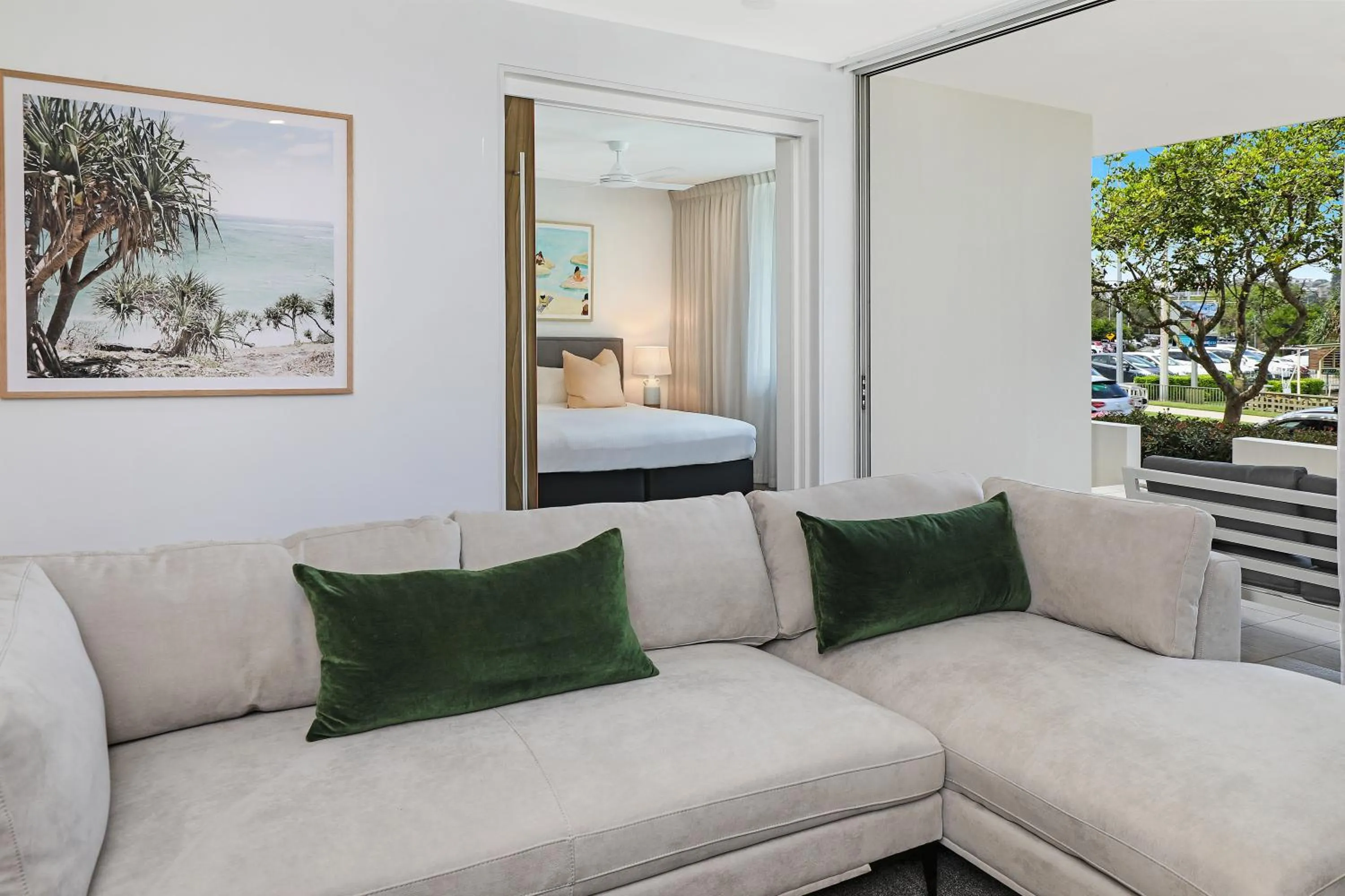 Living room, Bed in Element on Coolum Beachfront Sunshine Coast