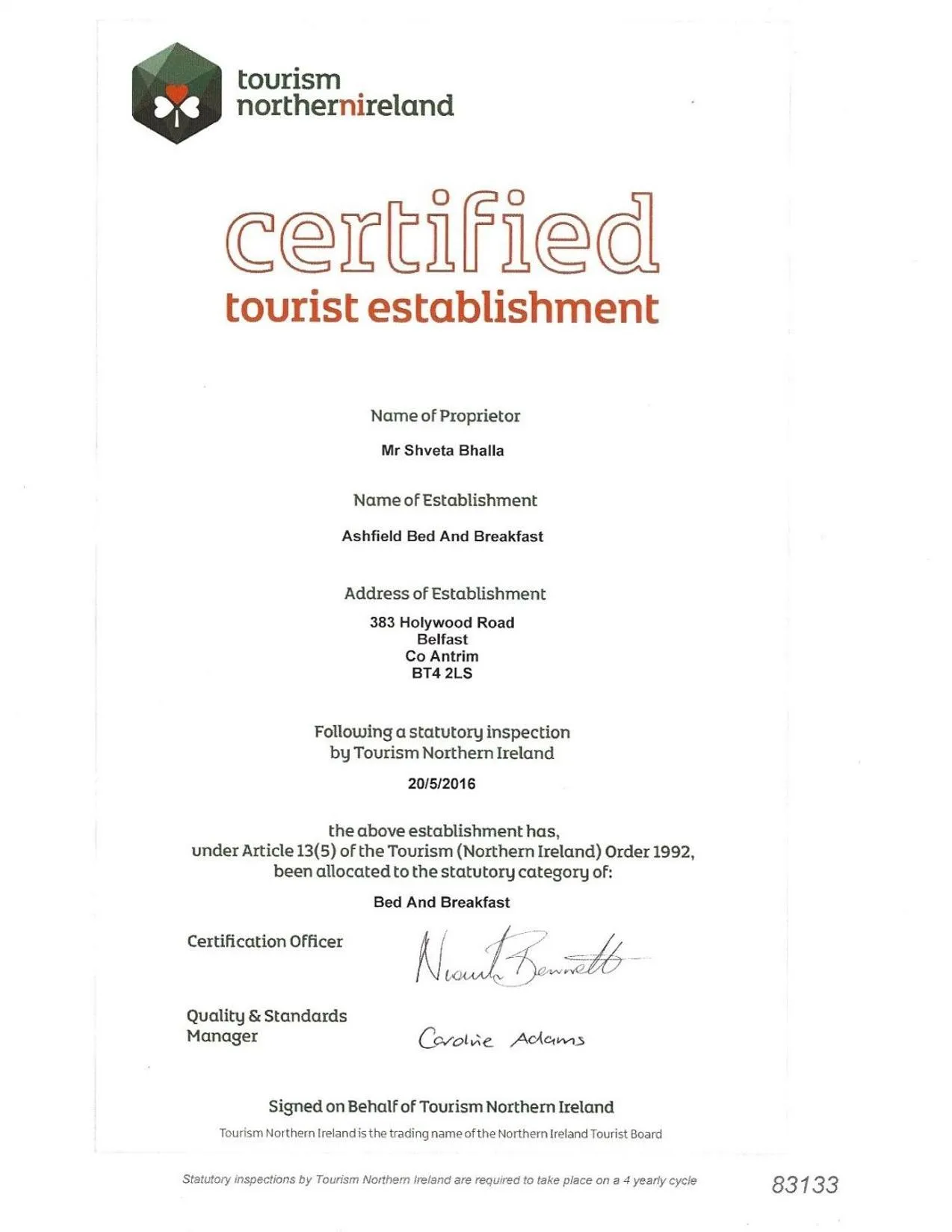 Logo/Certificate/Sign in Ashfield Bed & Breakfast