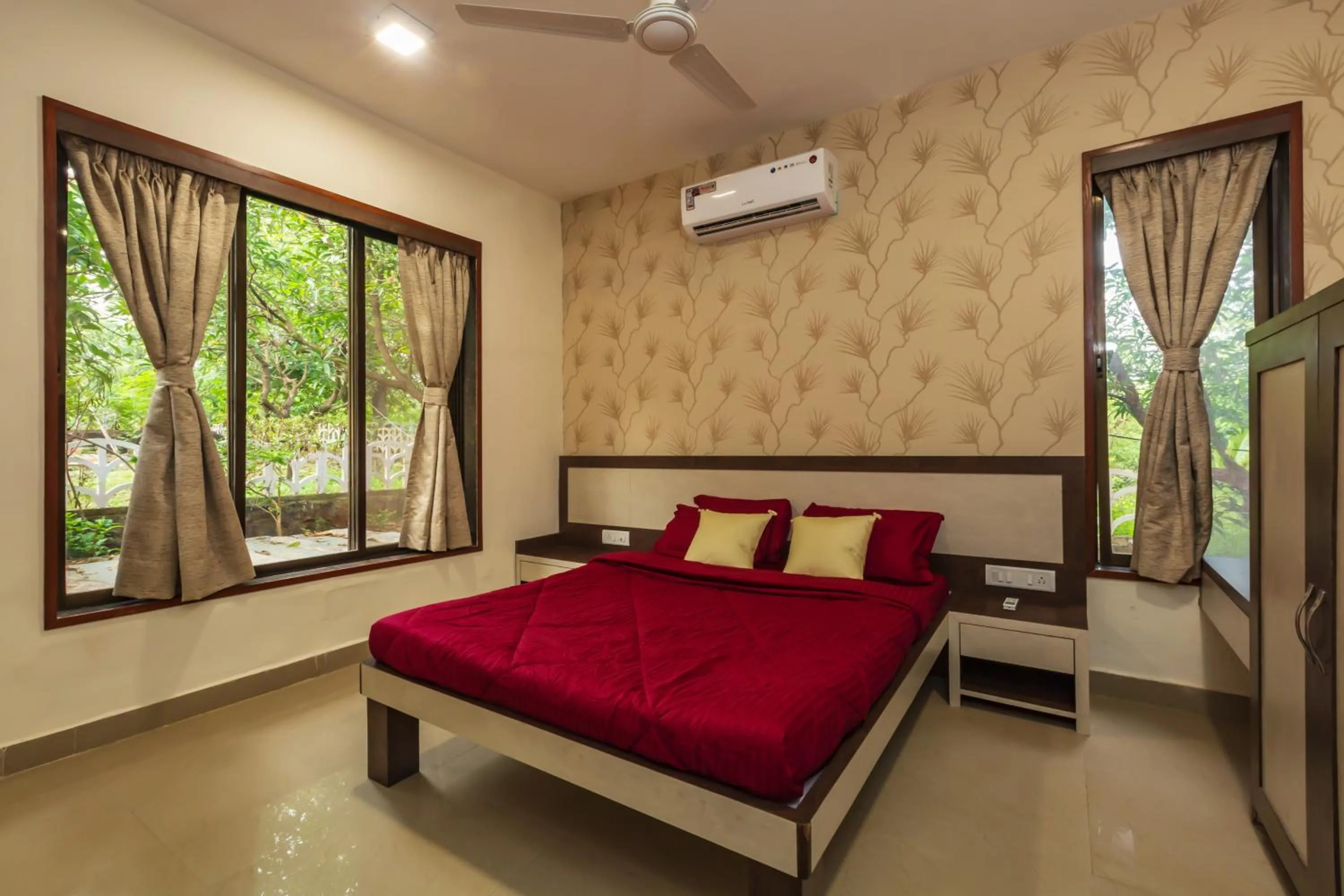 Bed in SaffronStays Ekaant- 3BR pet-friendly pool villa with lawn, games & river walk in gated community near Mumbai
