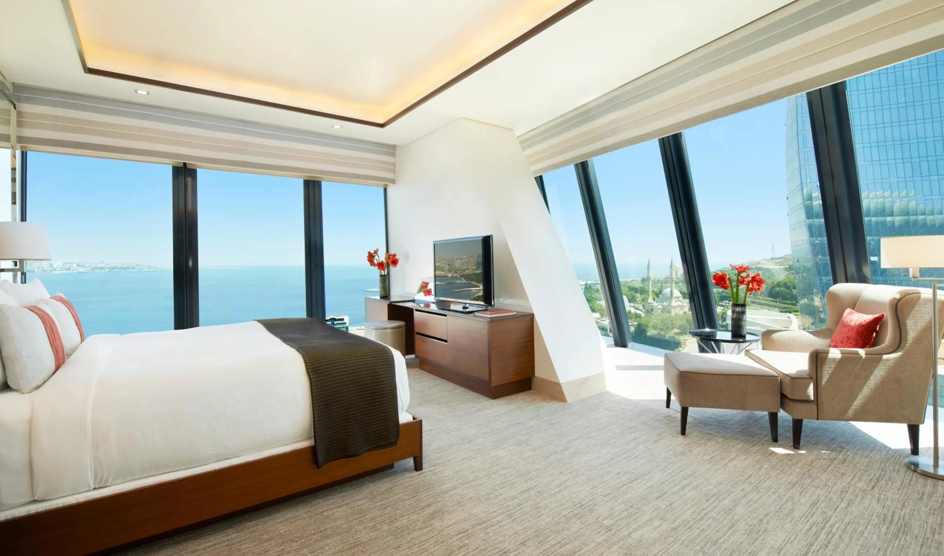 View (from property/room), Bed in Fairmont Baku, Flame Towers