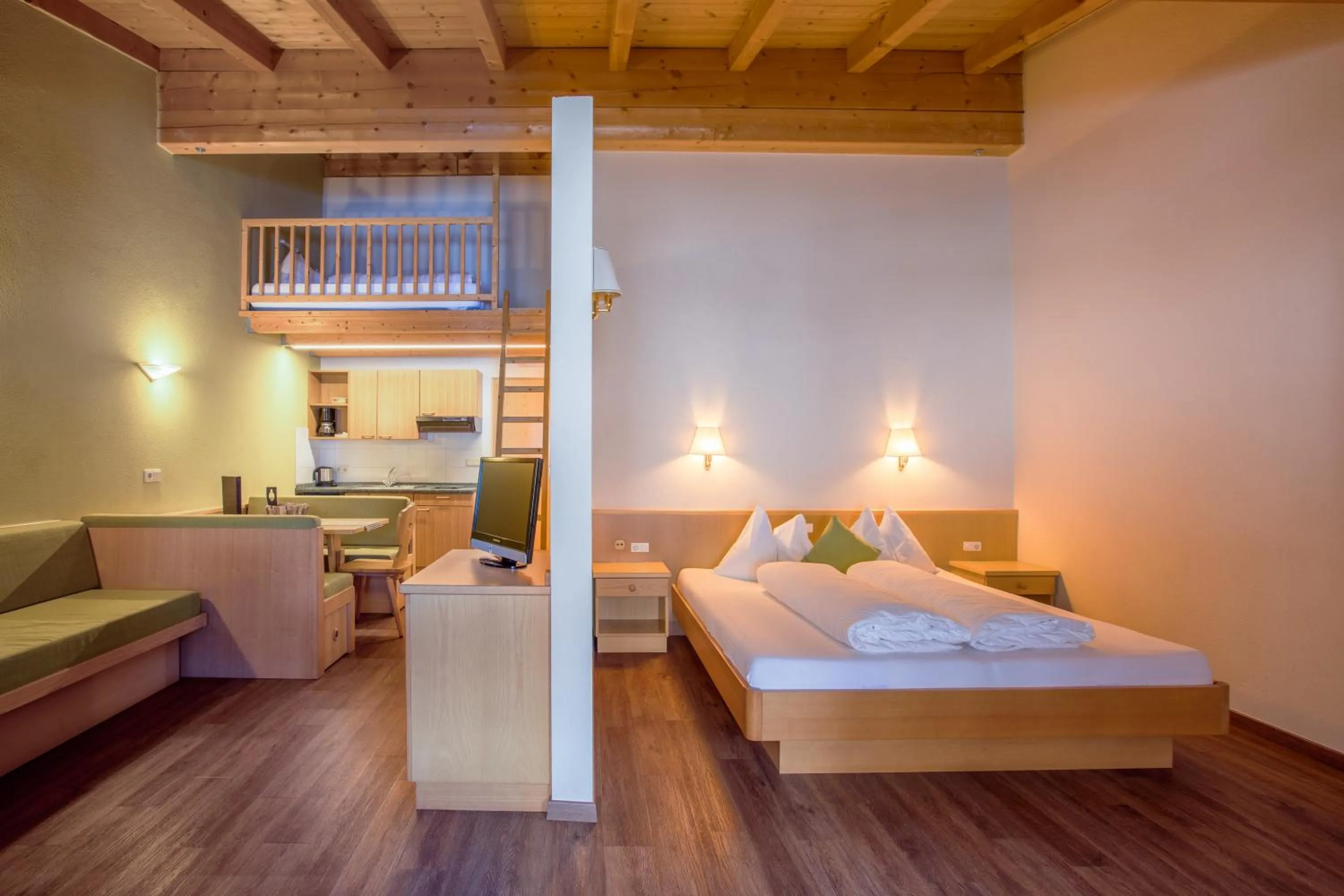 Living room, Bed in Mountain Living Apartments