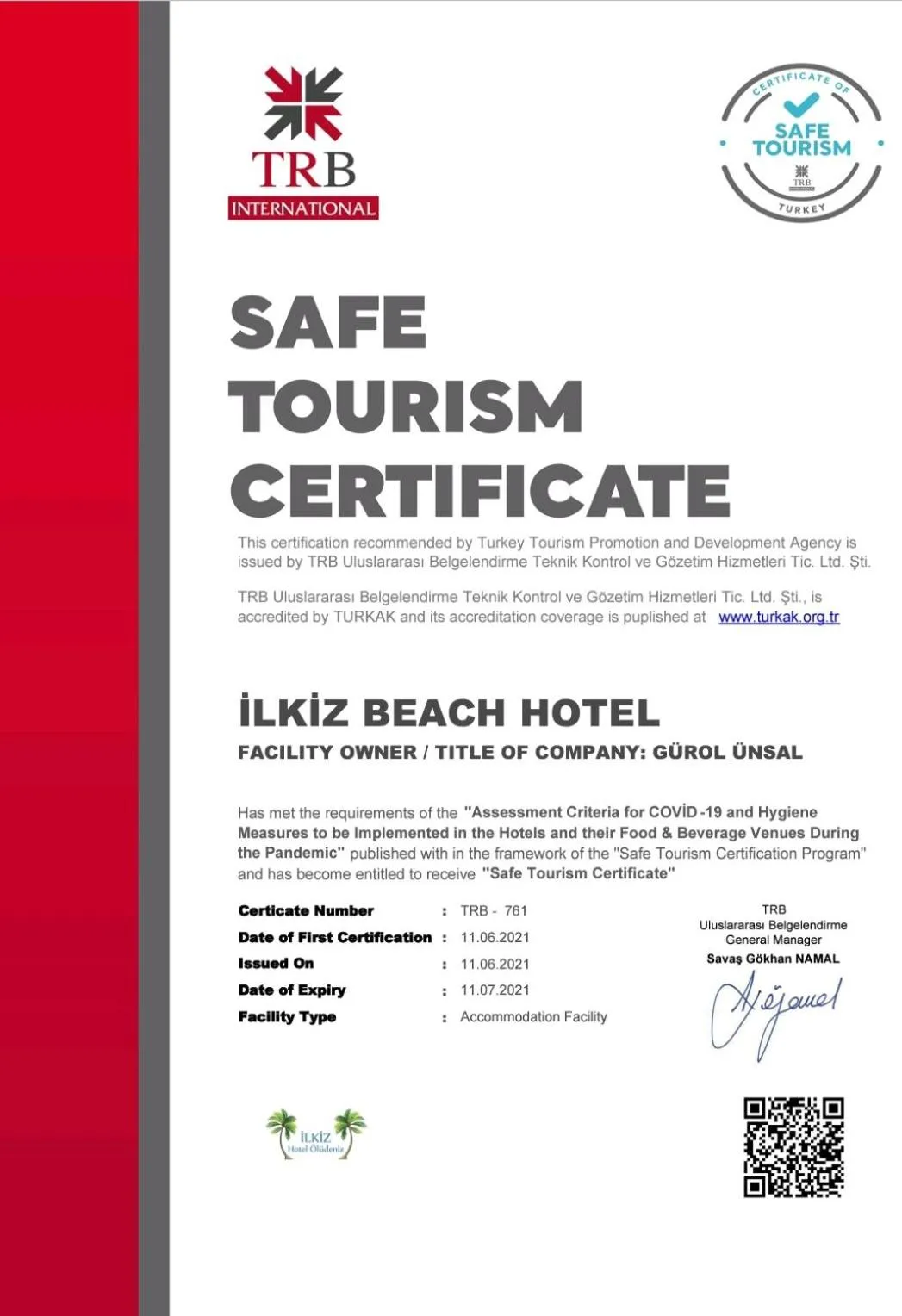 Certificate/Award in İlkiz Beach Hotel