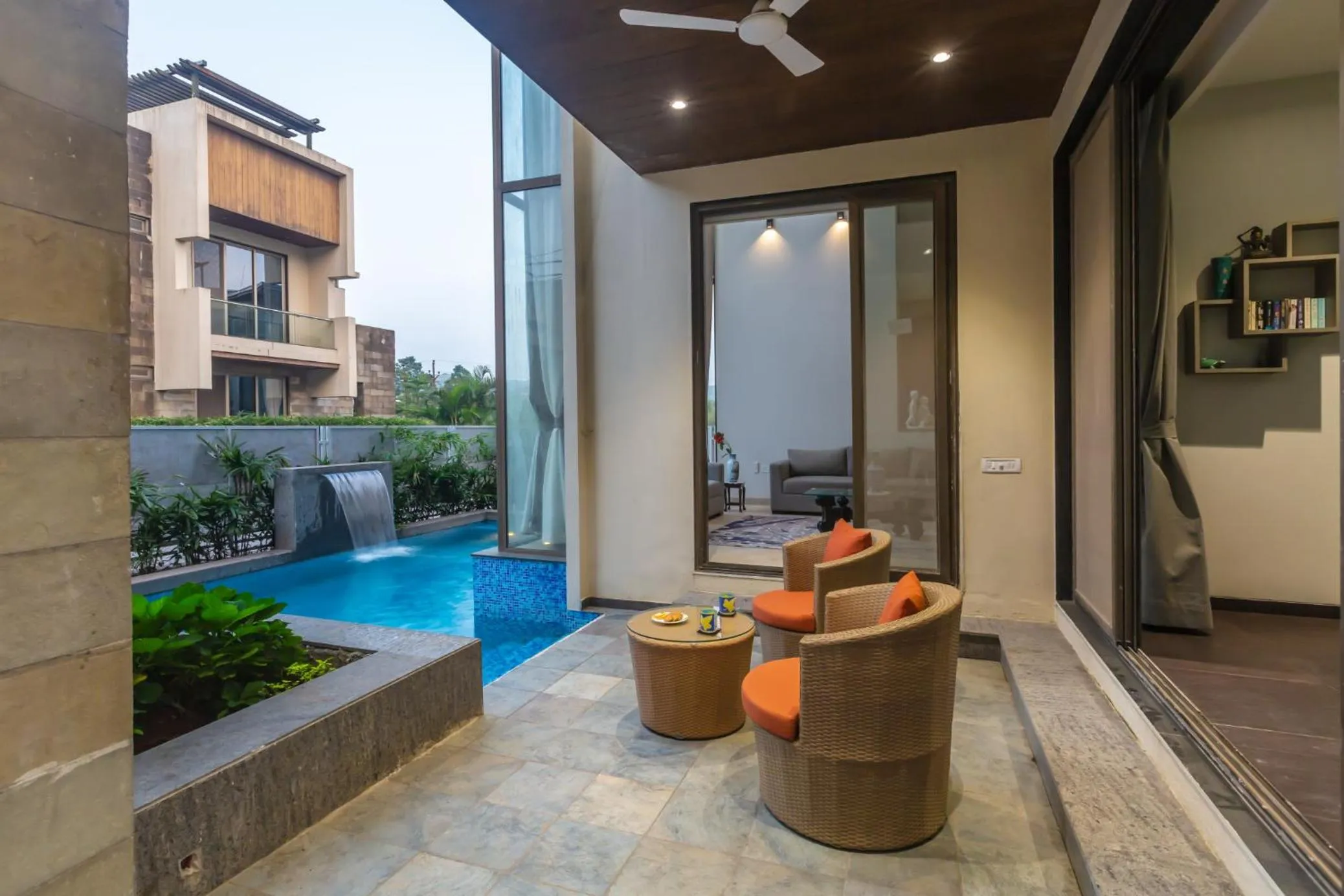 Patio in SaffronStays Aspen, Lonavala - luxury pool villa with games and TV room near Bhushi Dam