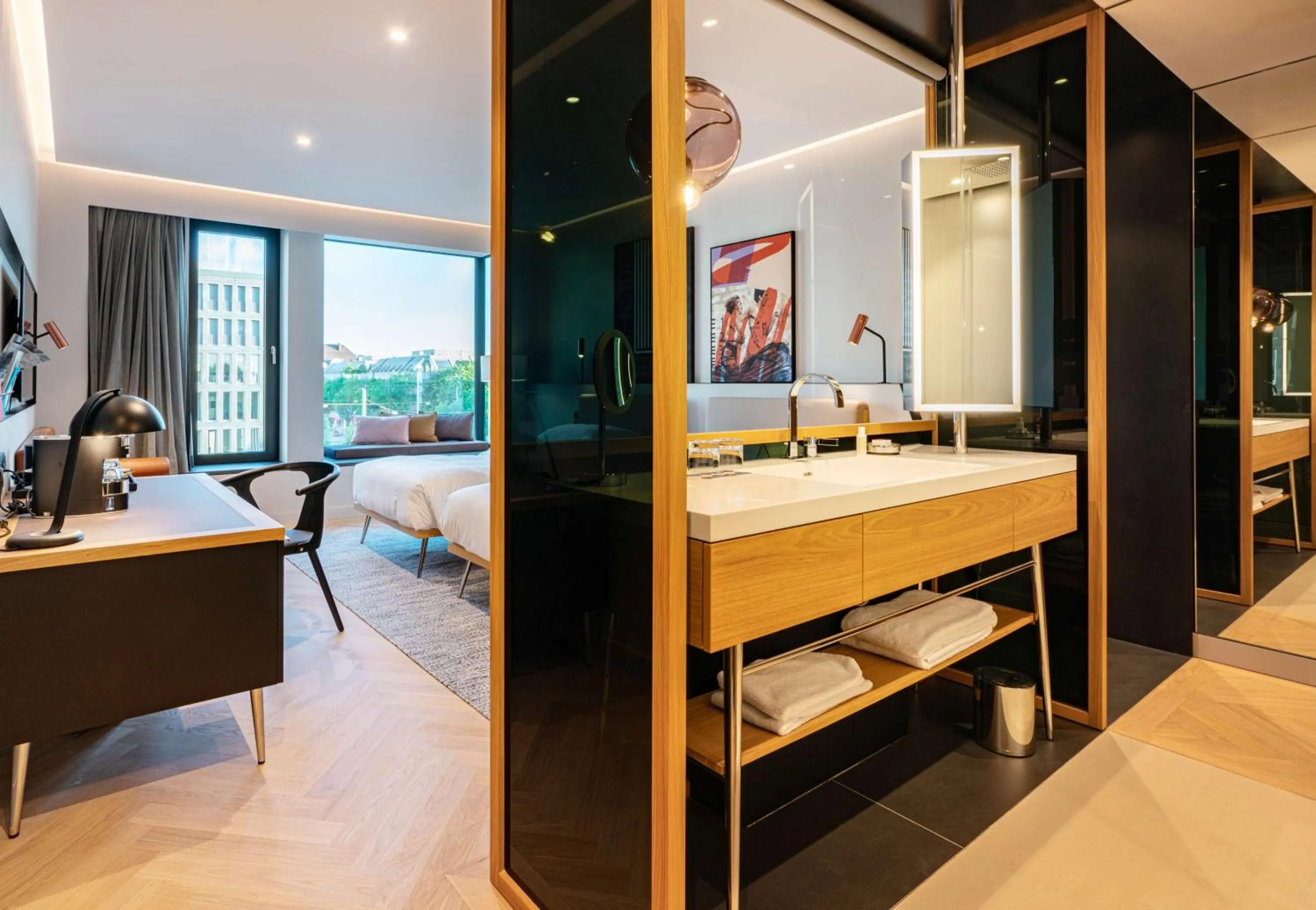 Bathroom, Bed in Andaz Munich Schwabinger Tor, By Hyatt