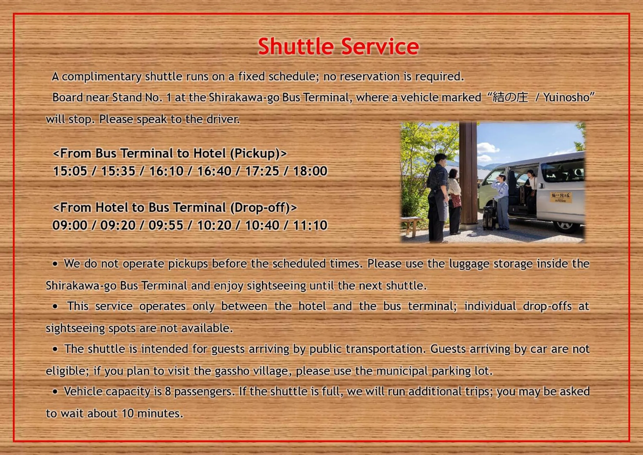 shuttle in Onyado Yuinosho, Shirakawago