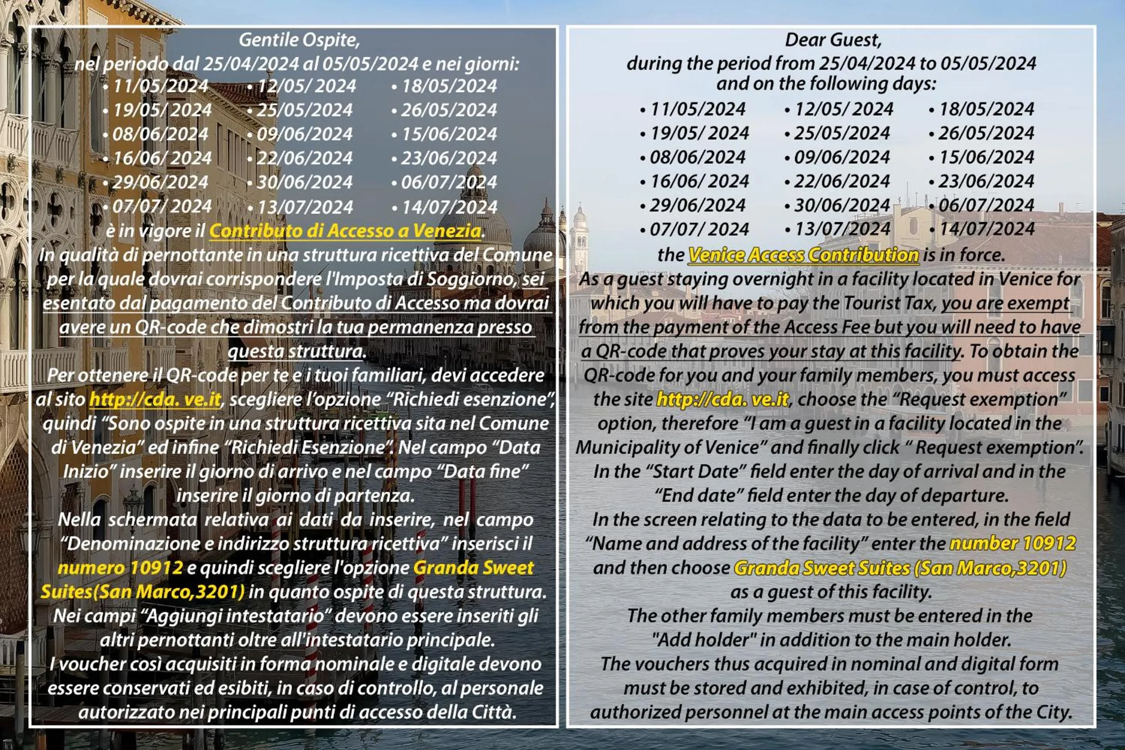 Text overlay in Granda Sweet Suites