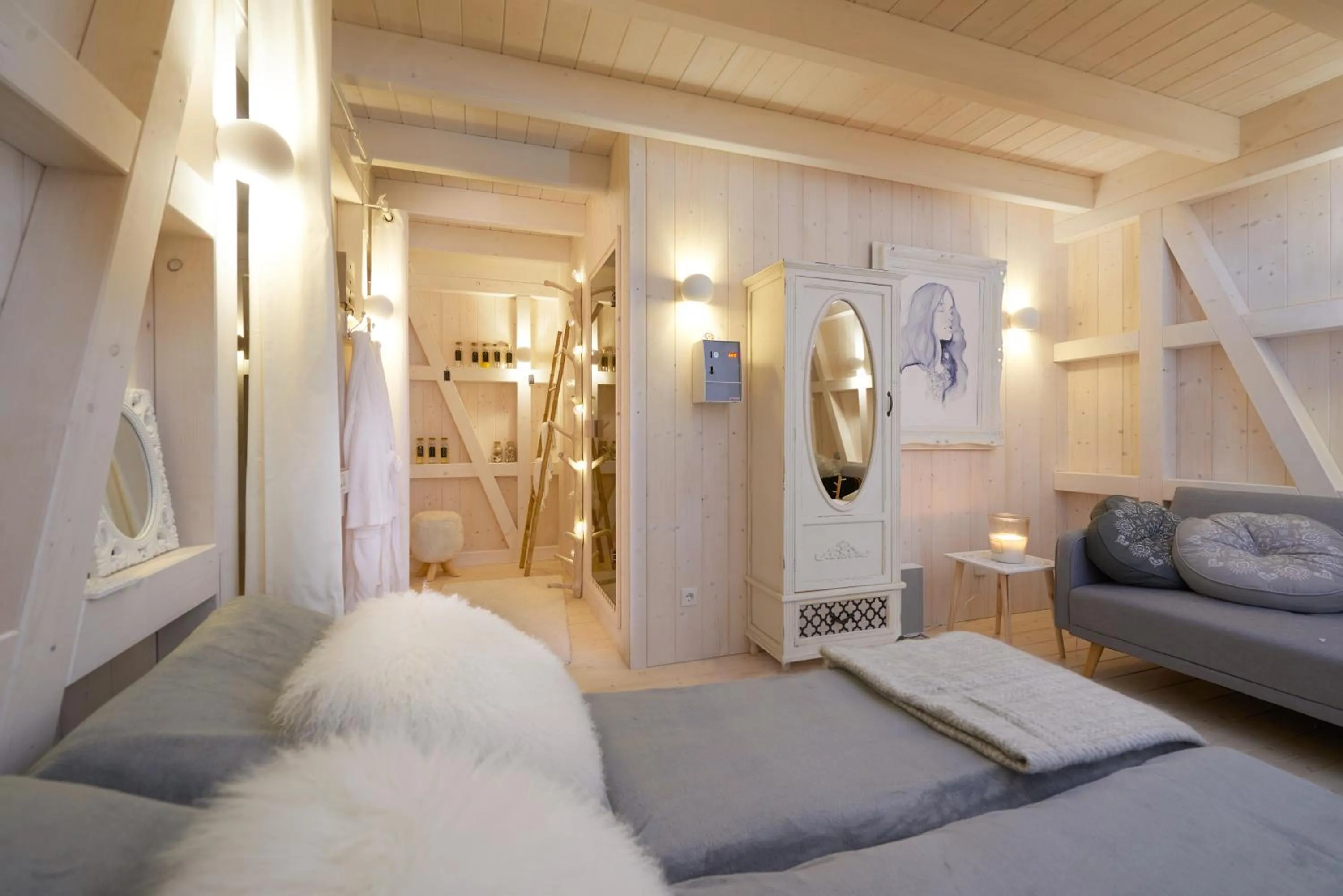 Sauna, Bed in Ferienhaus Apple Tree