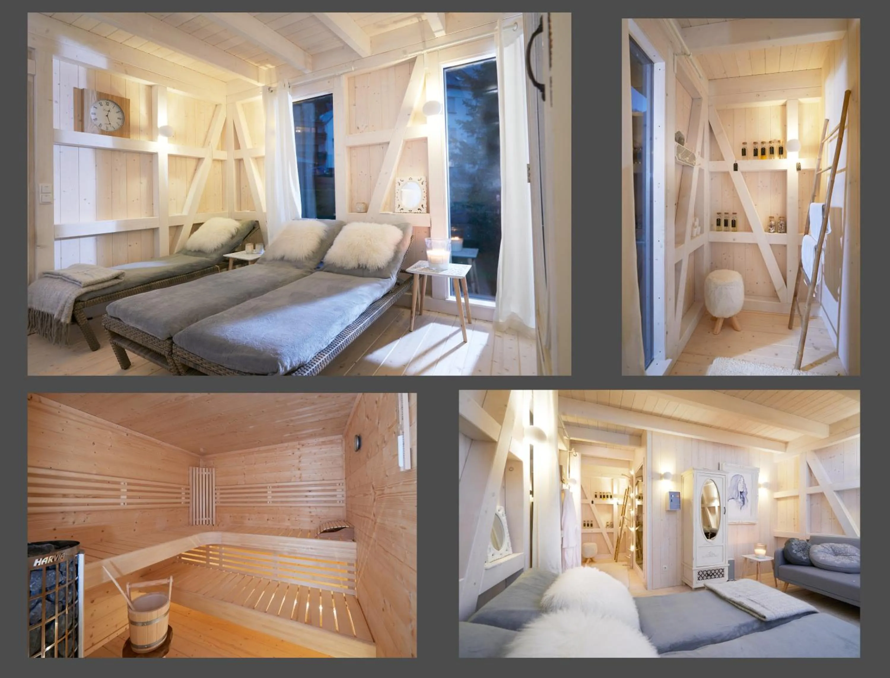 Sauna, Bed in Ferienhaus Apple Tree